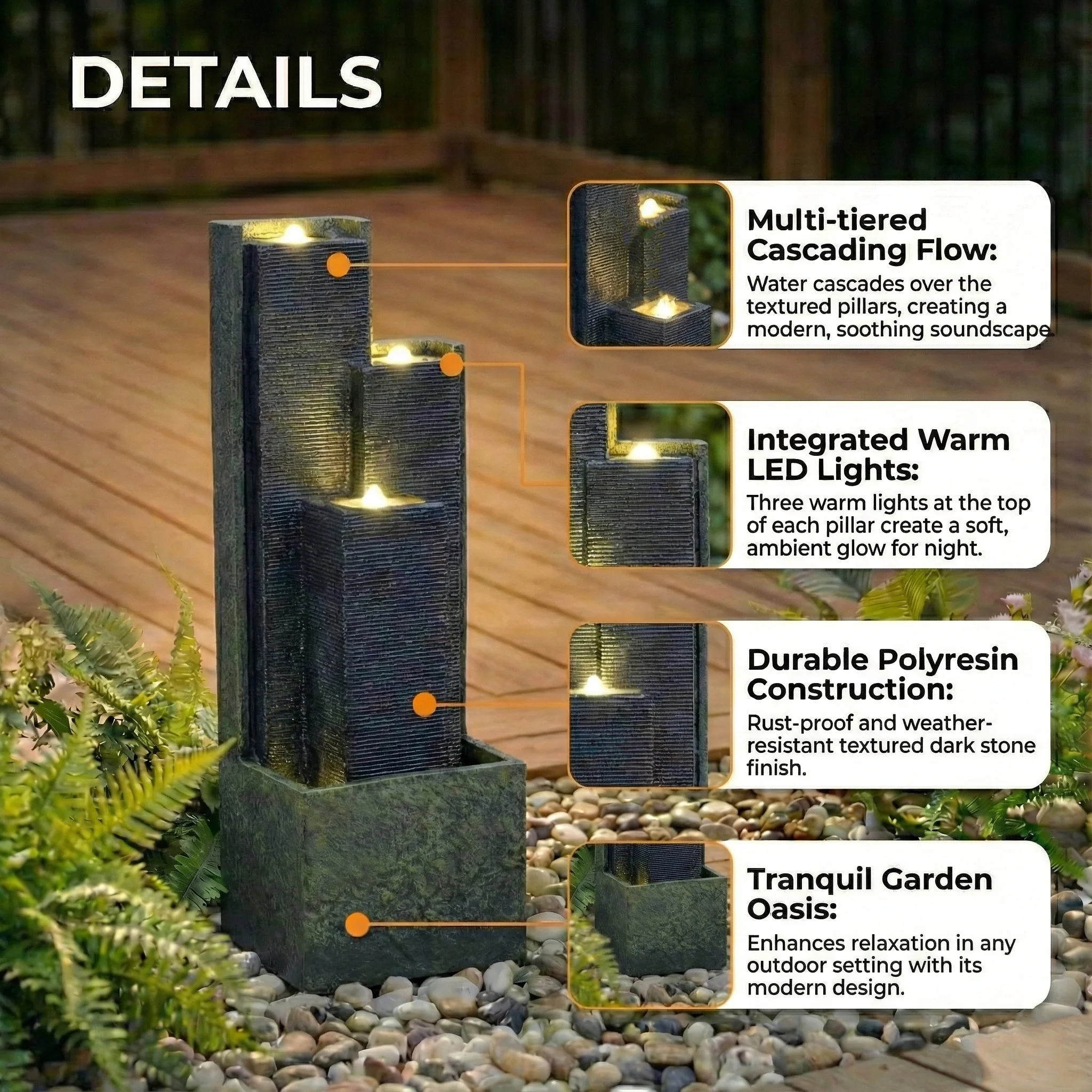 39'' H Outdoor Water Fountain Modern Cascading Freestanding Fountain with LED Lights for Garden Patio Porch Lawn Backyard Decor - Image 5