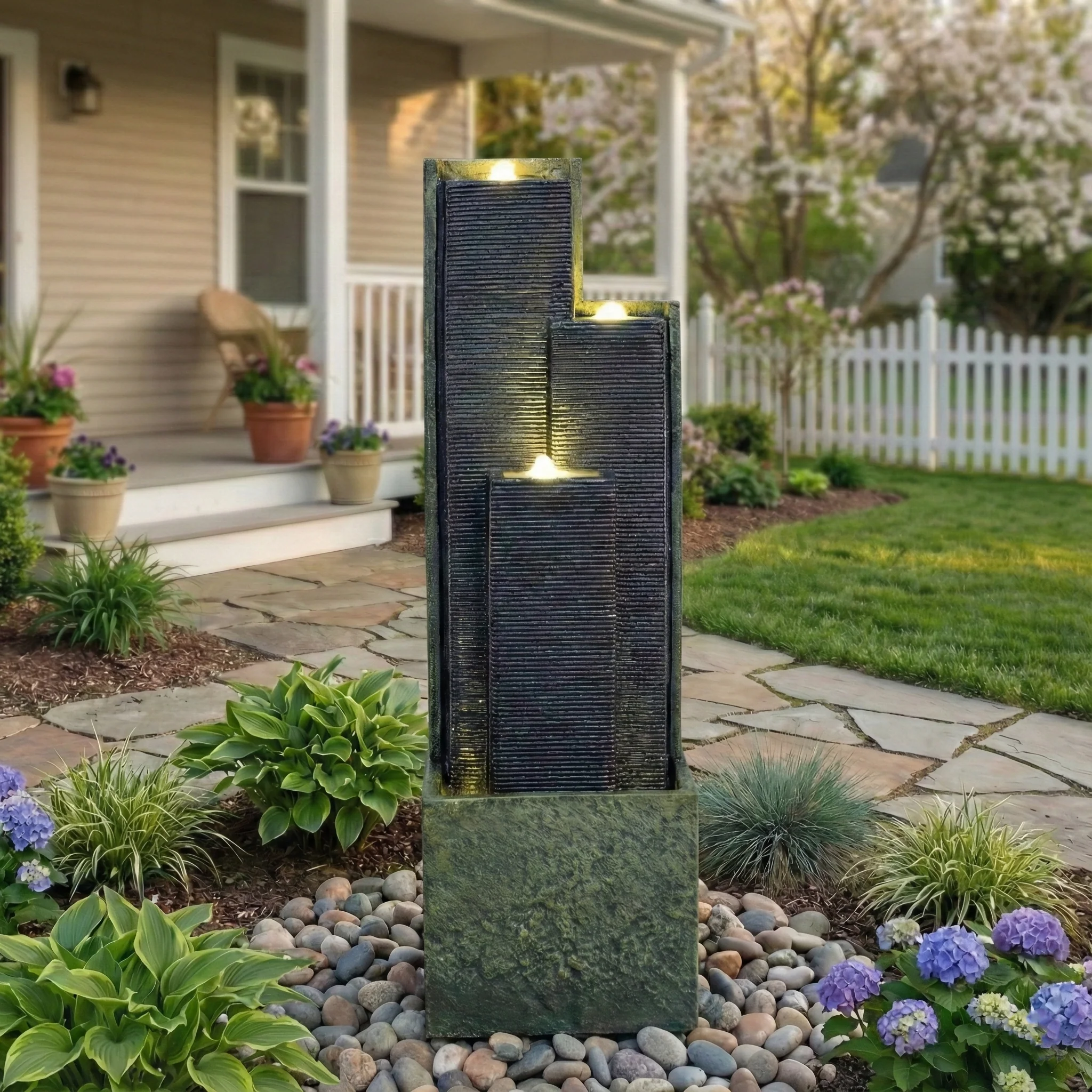 39'' H Outdoor Water Fountain Modern Cascading Freestanding Fountain with LED Lights for Garden Patio Porch Lawn Backyard Decor - Image 6
