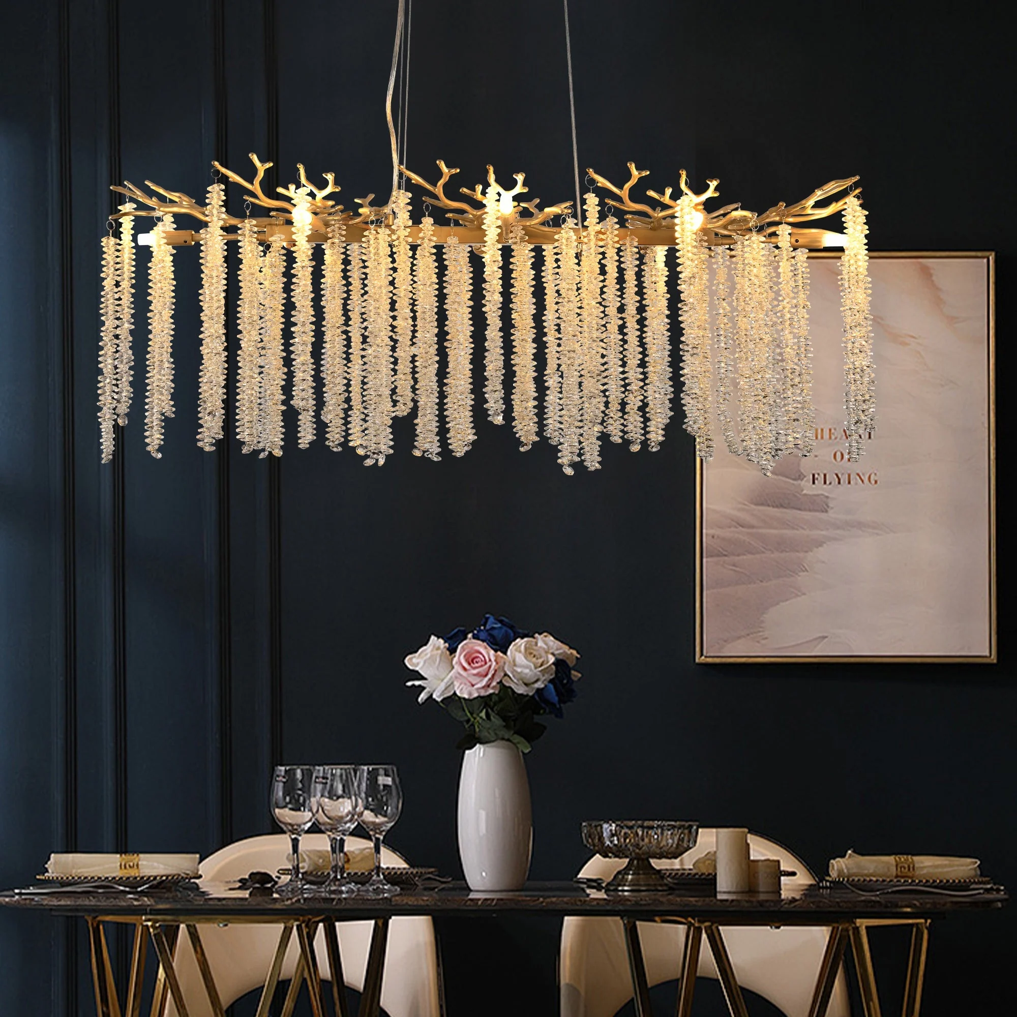 39-inch Modern Golden Pendant Light with Cascading Crystal Strands - Image 4