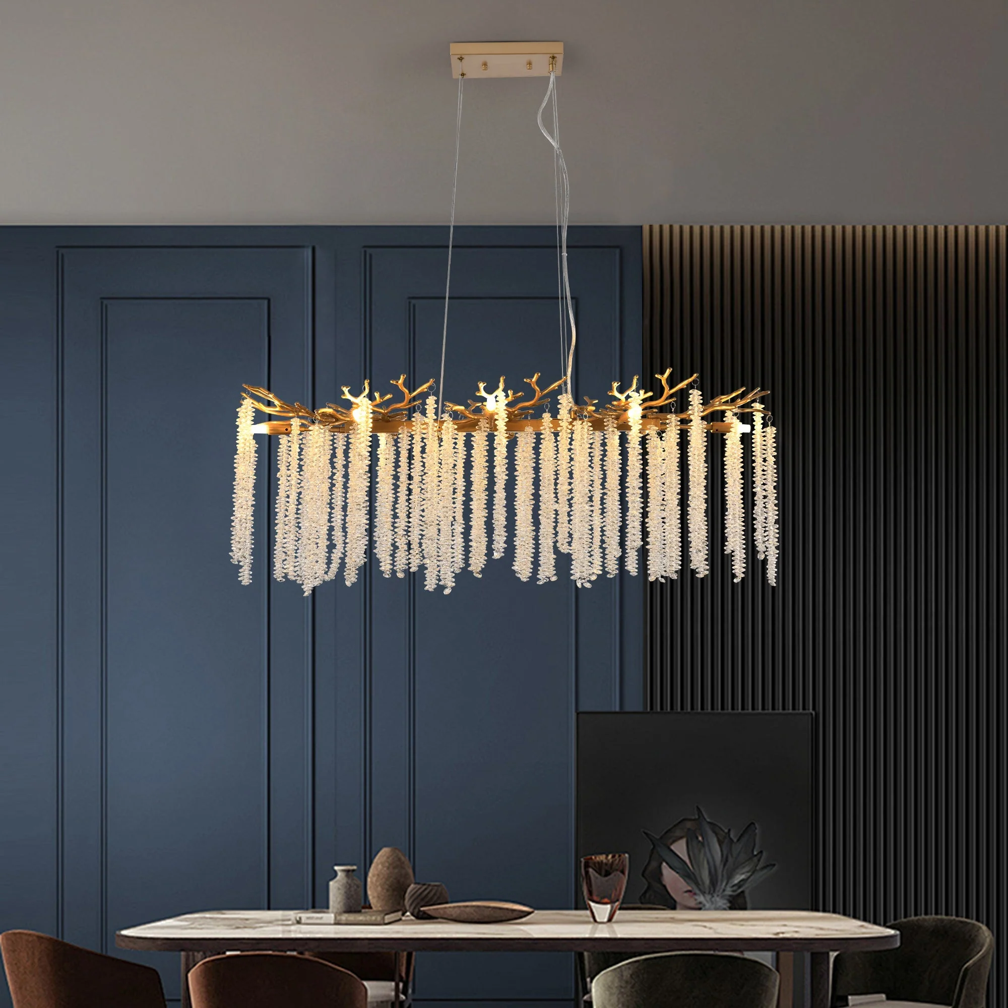39-inch Modern Golden Pendant Light with Cascading Crystal Strands - Image 5