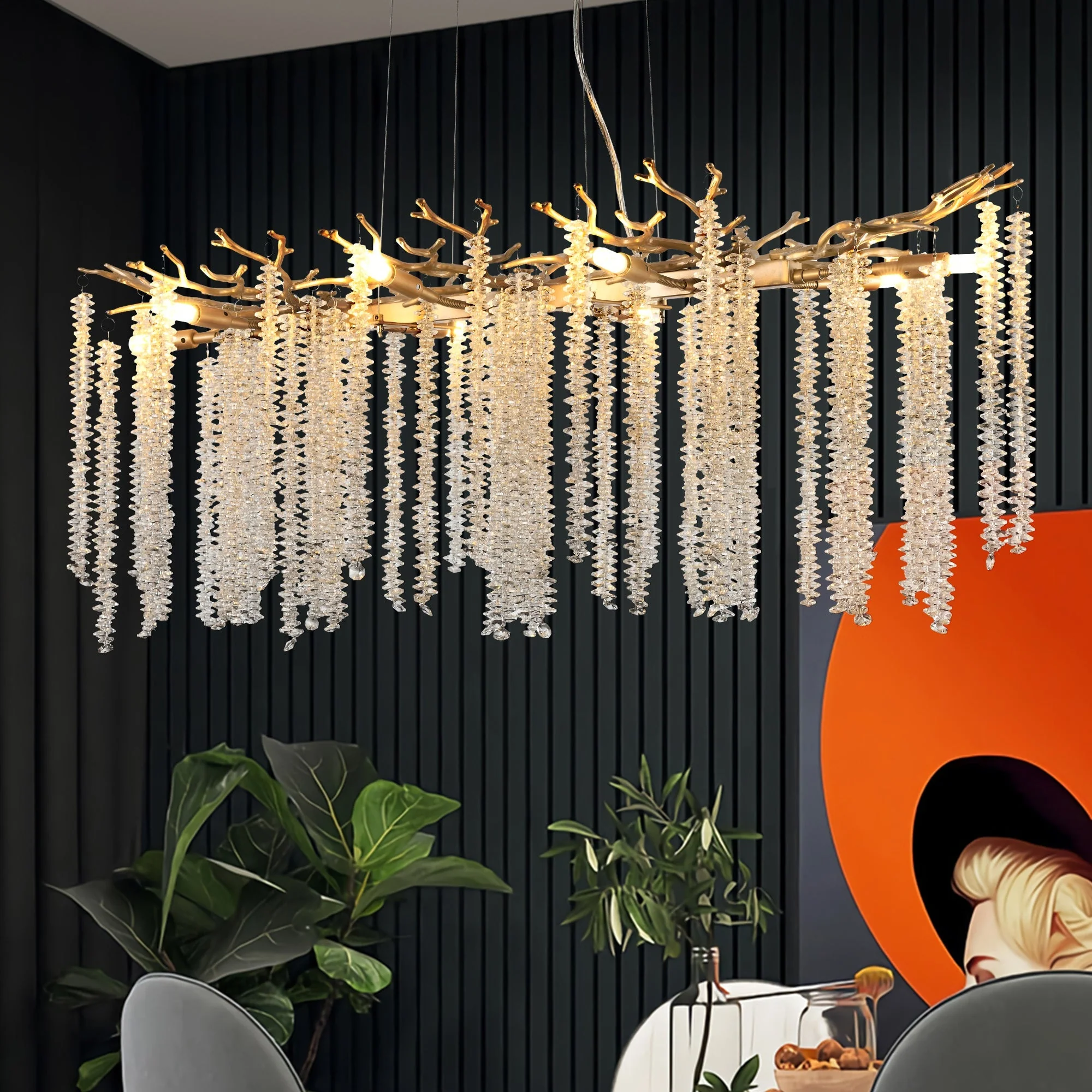 39-inch Modern Golden Pendant Light with Cascading Crystal Strands - Image 6