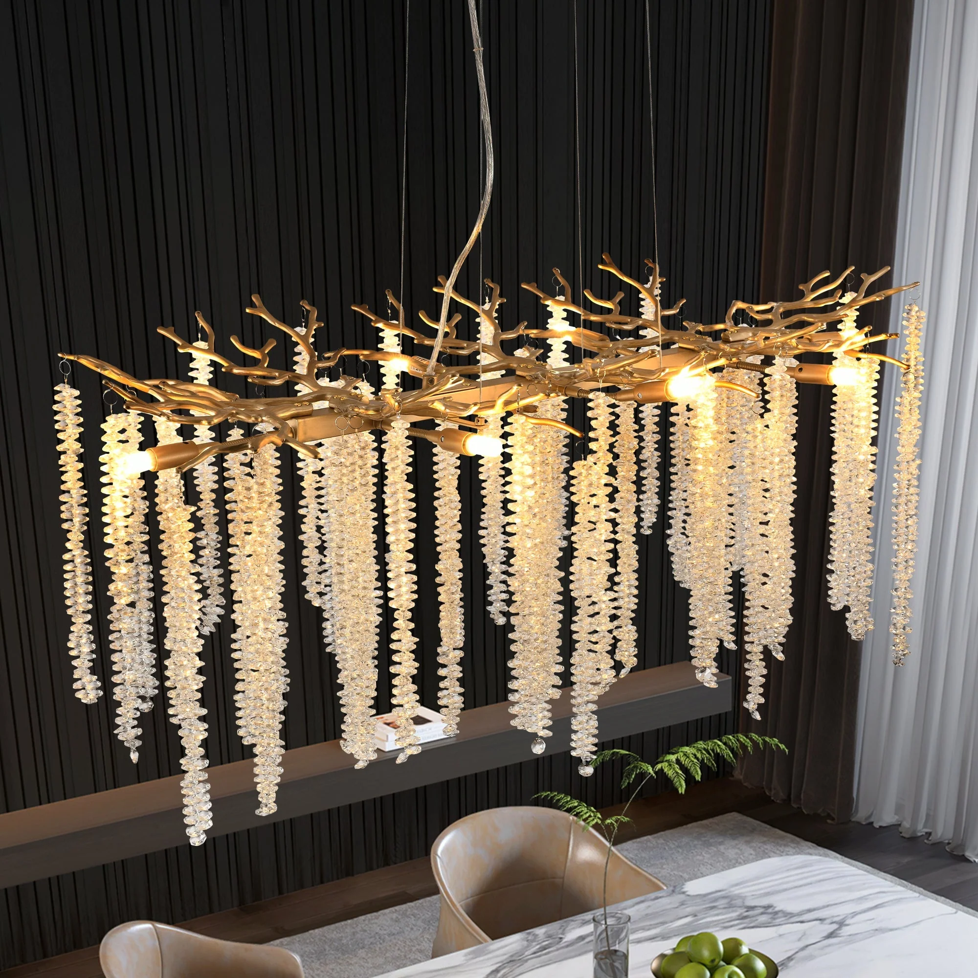 39-inch Modern Golden Pendant Light with Cascading Crystal Strands - Image 7