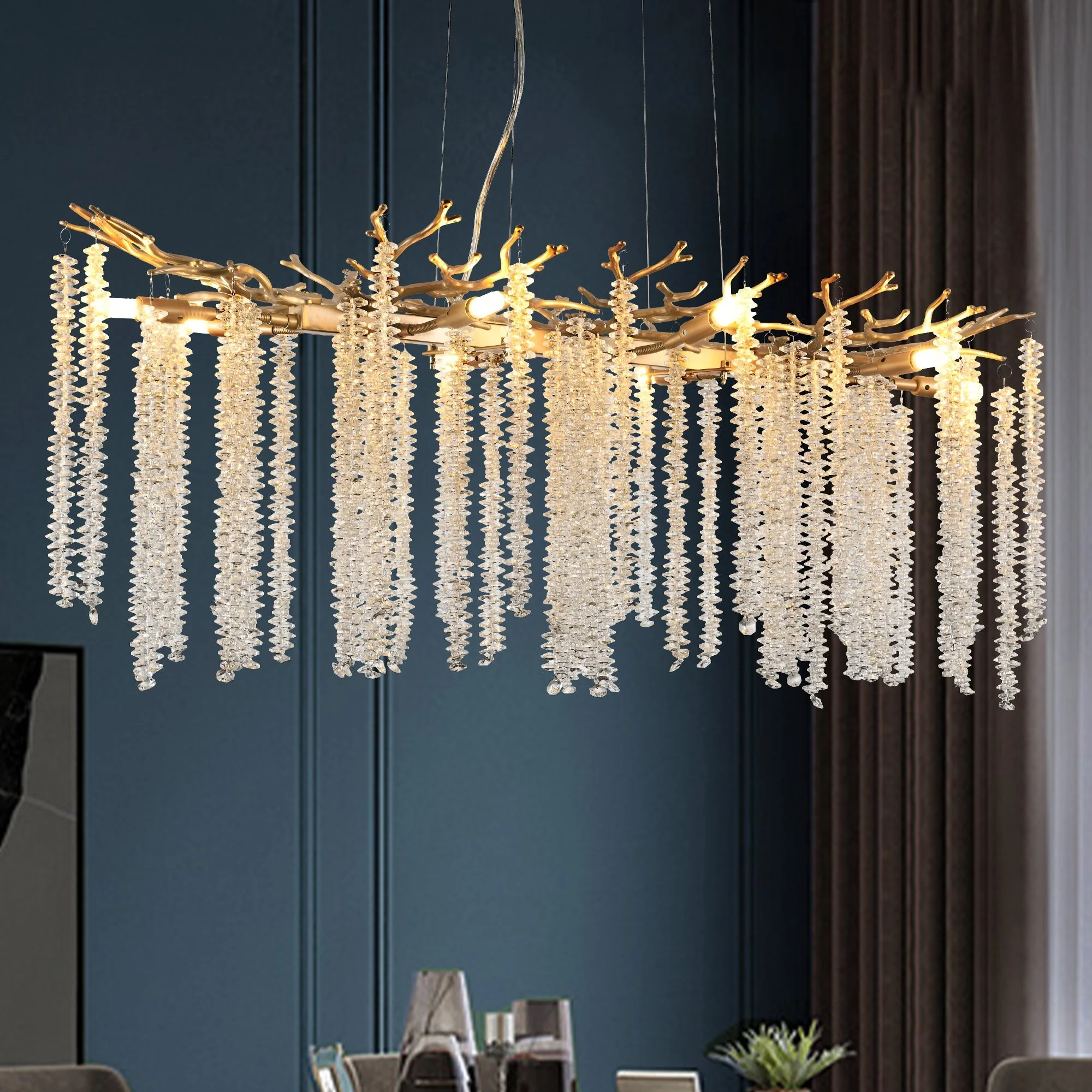 39-inch Modern Golden Pendant Light with Cascading Crystal Strands - Image 8