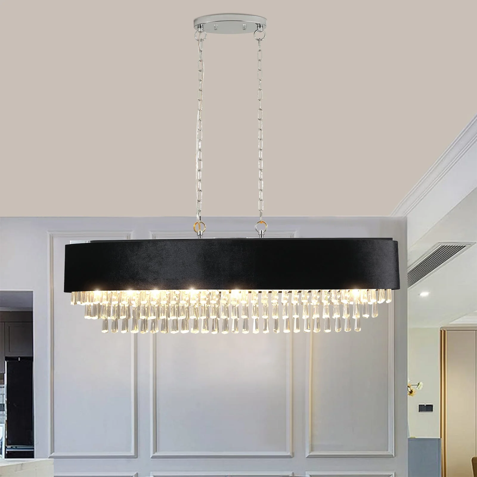 39' Modern Crystal Chandelier with Black Imitation Velvet Anti-Glare Shade, Adjustable Height, 8-Light G9 Base for Dining Room, Living Room, or Bedroom (Bulb Not Included) - Image 2