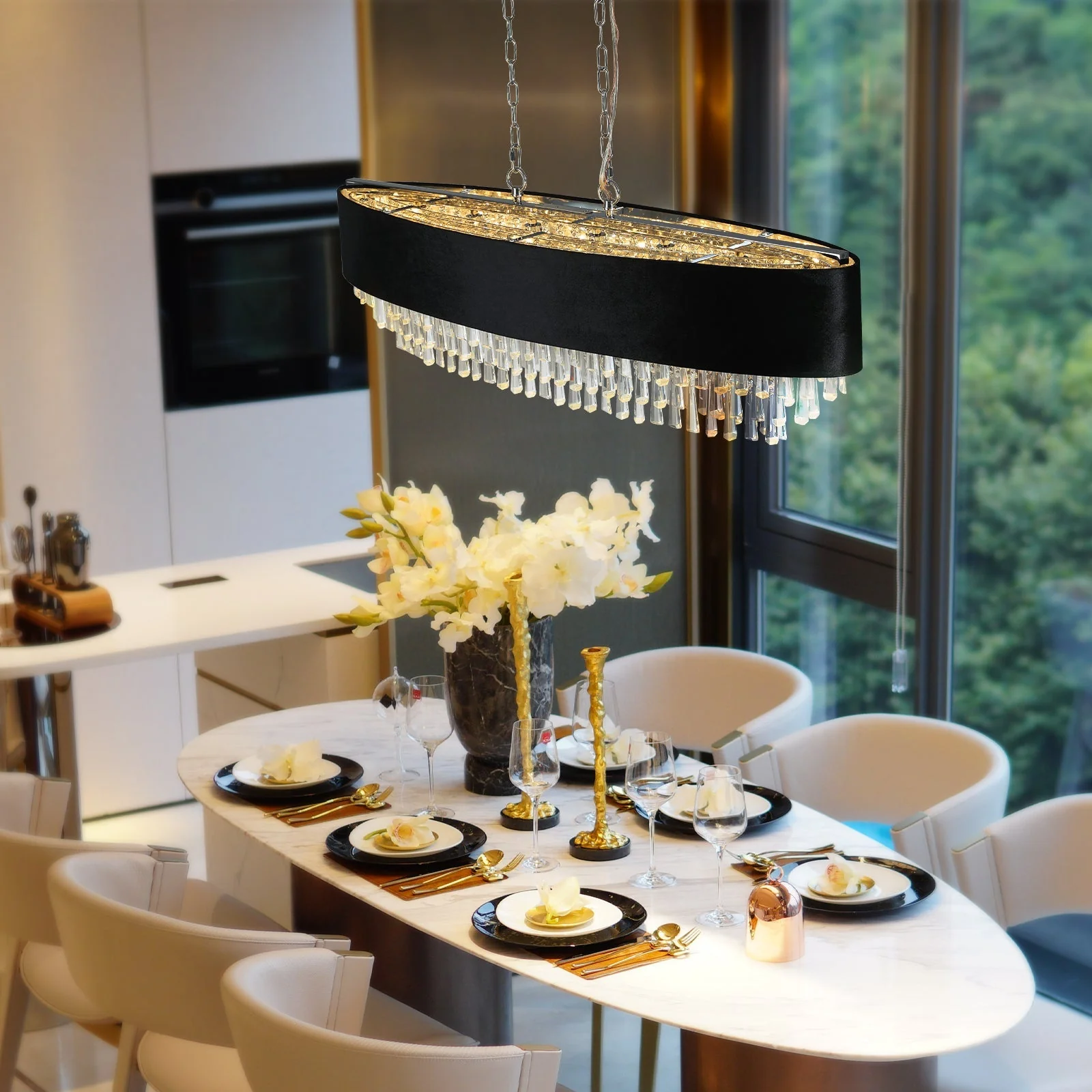 39' Modern Crystal Chandelier with Black Imitation Velvet Anti-Glare Shade, Adjustable Height, 8-Light G9 Base for Dining Room, Living Room, or Bedroom (Bulb Not Included) - Image 3