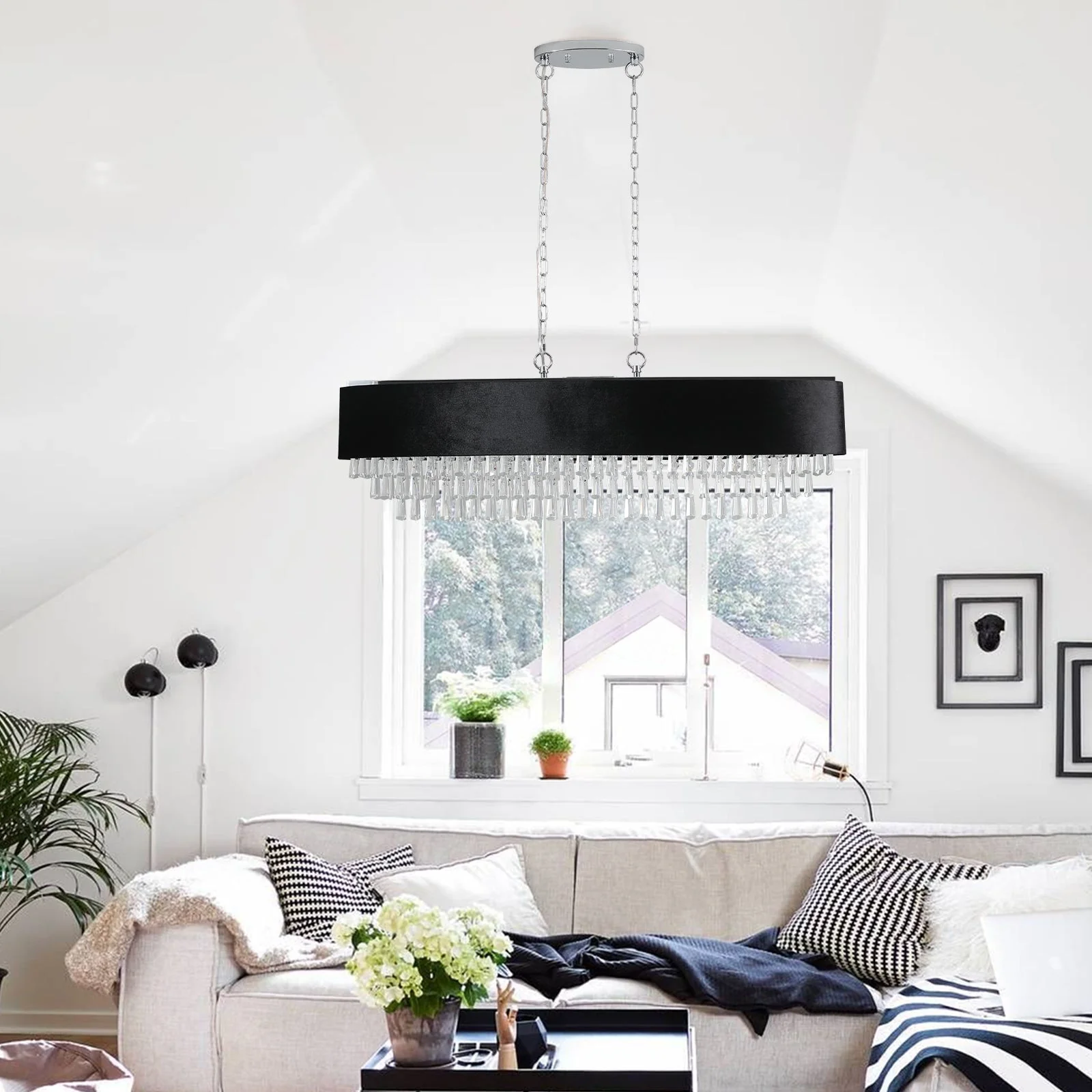 39' Modern Crystal Chandelier with Black Imitation Velvet Anti-Glare Shade, Adjustable Height, 8-Light G9 Base for Dining Room, Living Room, or Bedroom (Bulb Not Included) - Image 4