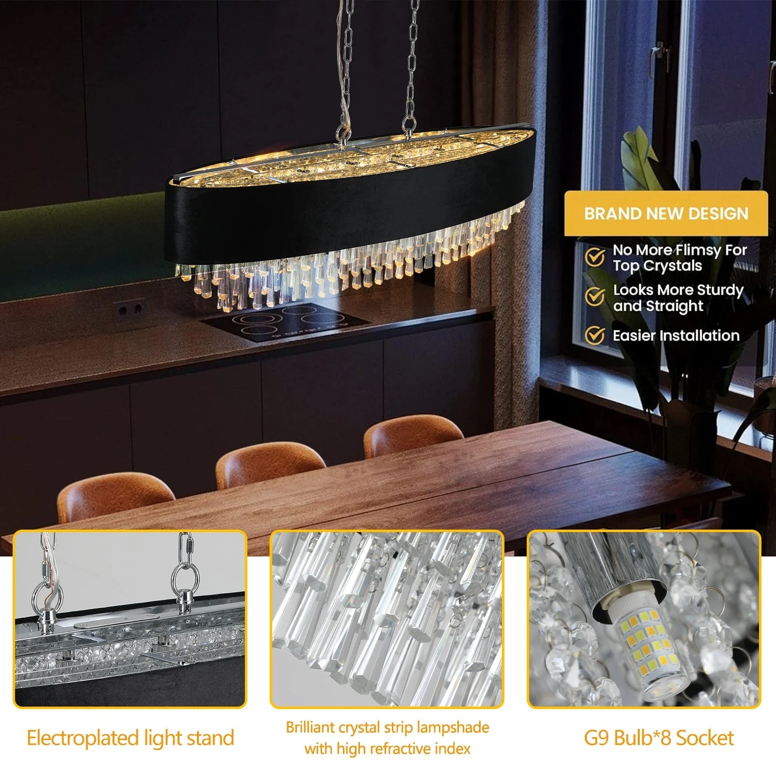 39' Modern Crystal Chandelier with Black Imitation Velvet Anti-Glare Shade, Adjustable Height, 8-Light G9 Base for Dining Room, Living Room, or Bedroom (Bulb Not Included) - Image 5
