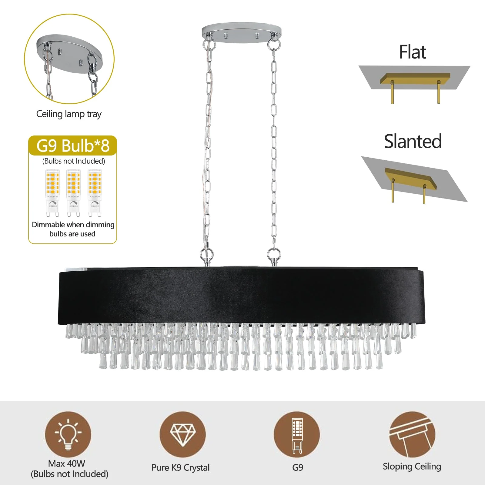 39' Modern Crystal Chandelier with Black Imitation Velvet Anti-Glare Shade, Adjustable Height, 8-Light G9 Base for Dining Room, Living Room, or Bedroom (Bulb Not Included) - Image 6