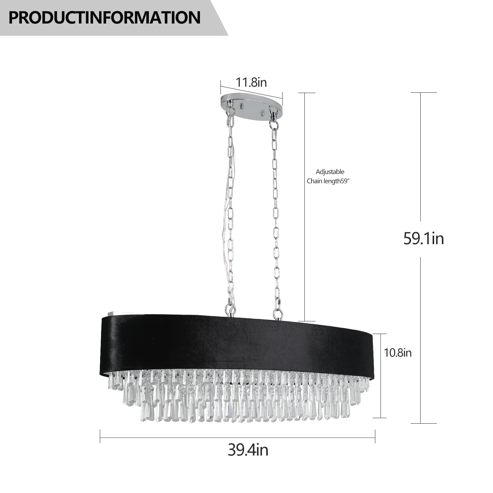 39' Modern Crystal Chandelier with Black Imitation Velvet Anti-Glare Shade, Adjustable Height, 8-Light G9 Base for Dining Room, Living Room, or Bedroom (Bulb Not Included) - Image 9