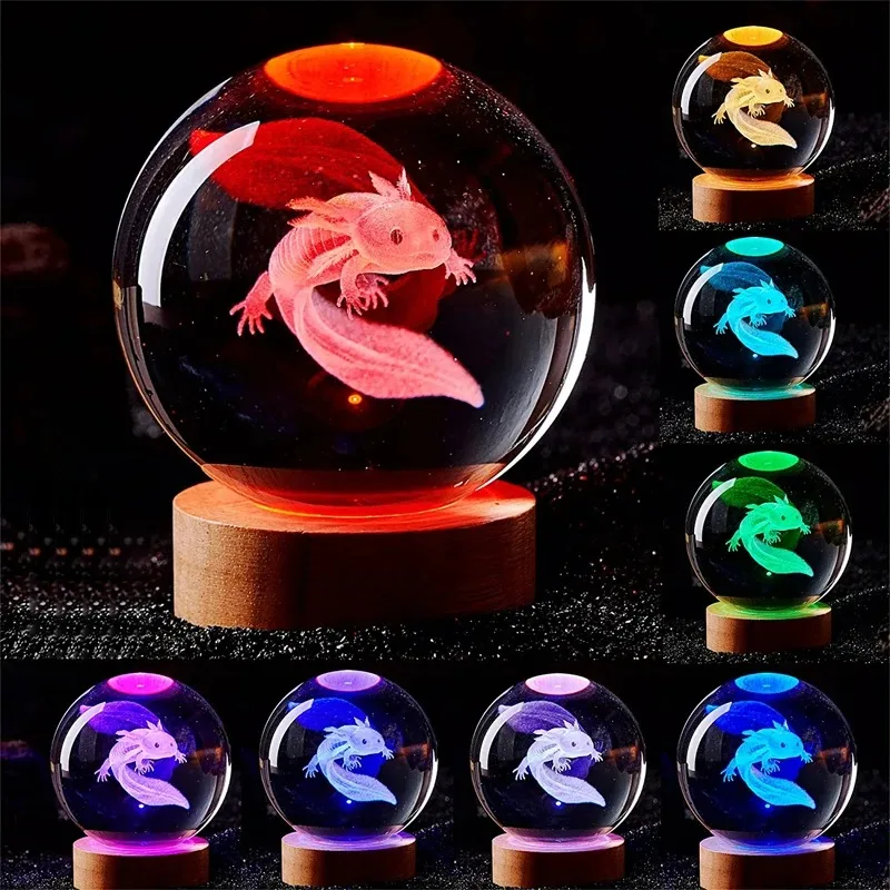 3D Axolotl Crystal Ball Night Light LED Laser Engraved Cute Gift Decor - Image 2