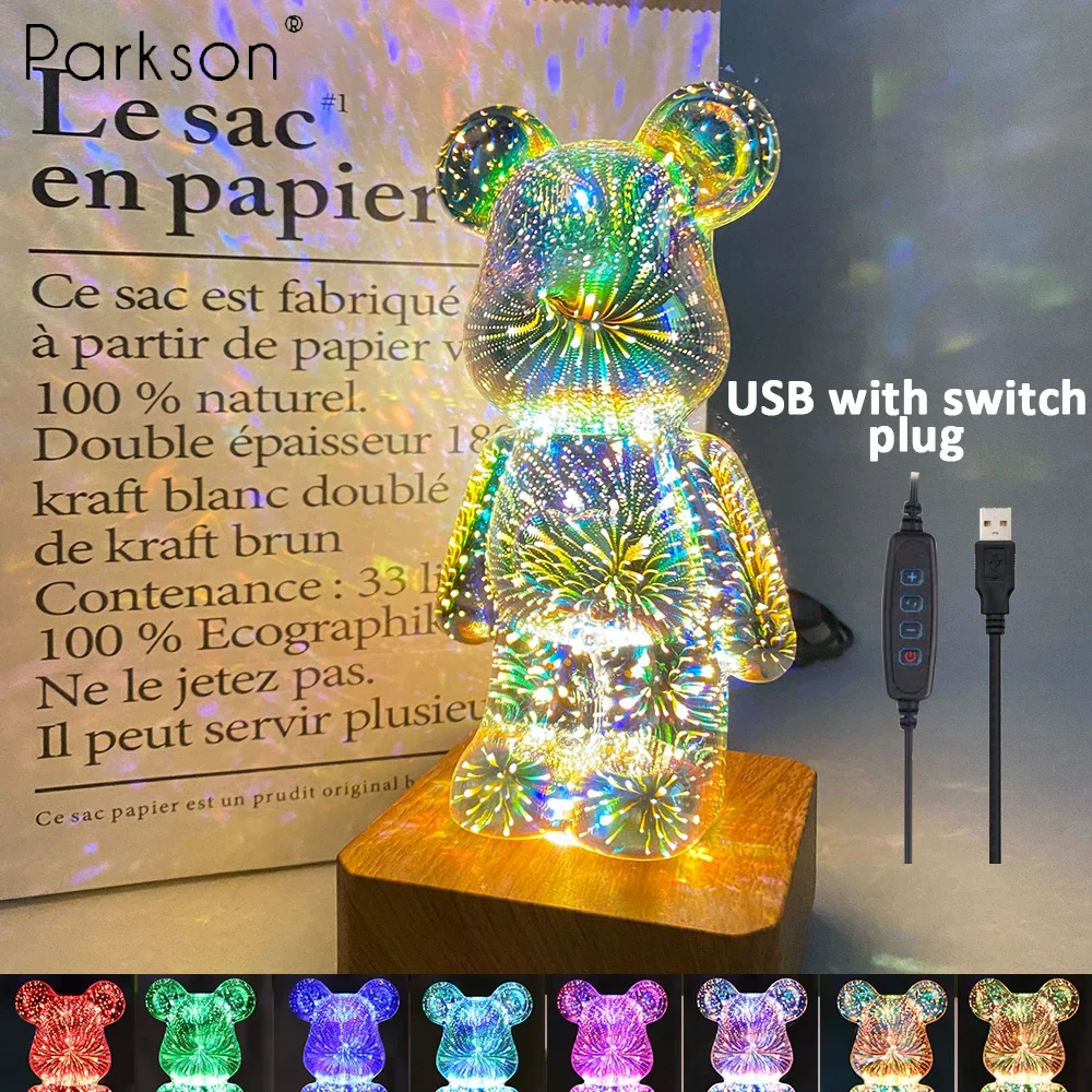 3D Bear Fireworks LED Night Light USB Dimmable Projector Bedroom Decor - Image 2