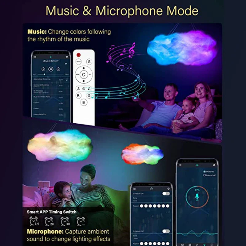 3D Cloud LED Lamp Multicolor Bedroom Light Music Sync Thunder Clouds Smart USB - Image 3