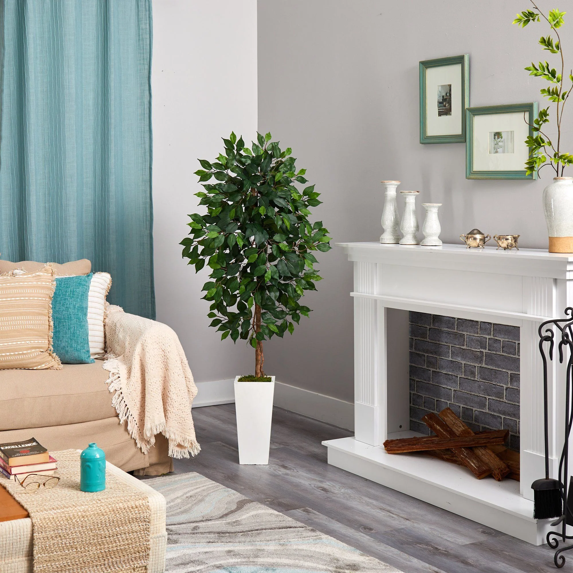 4.5’ Ficus Artificial Tree in White Planter - Image 4