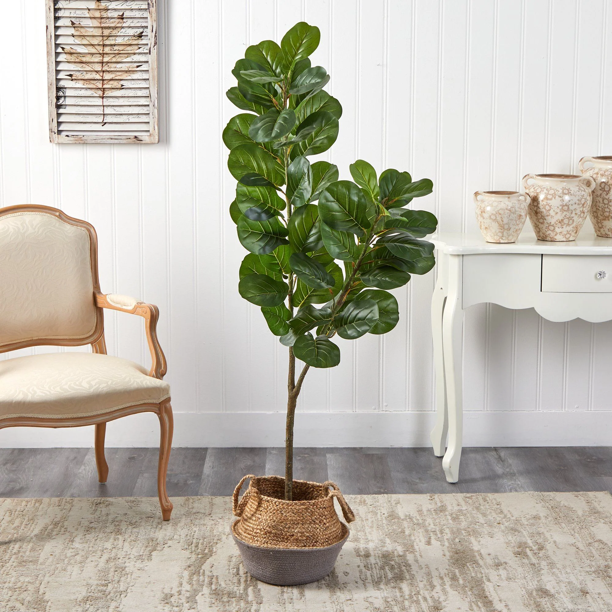 4.5’ Fiddle Leaf Fig Artificial Tree with Boho Chic Handmade Cotton and Jute White Woven Planter - Image 3