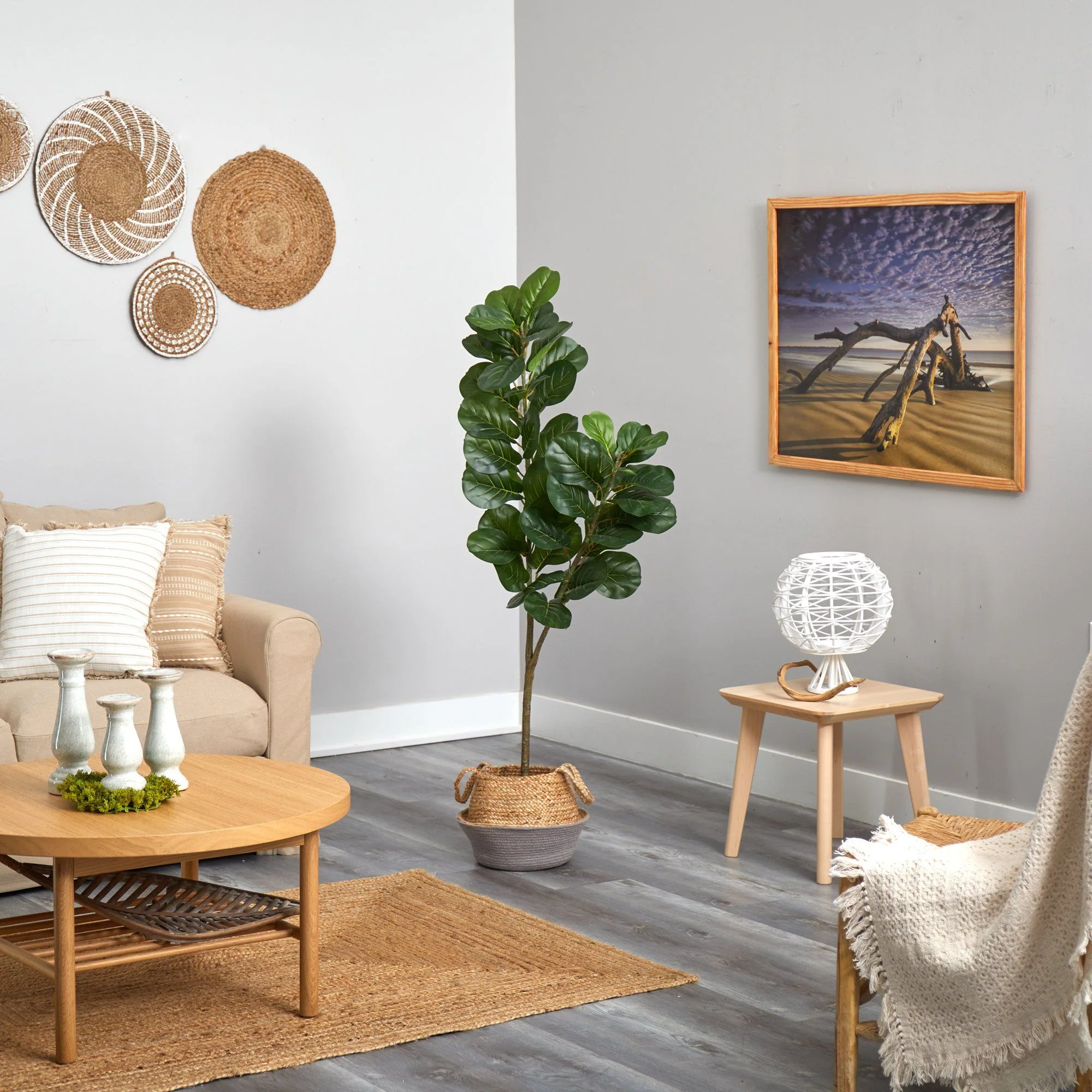 4.5’ Fiddle Leaf Fig Artificial Tree with Boho Chic Handmade Cotton and Jute White Woven Planter - Image 4