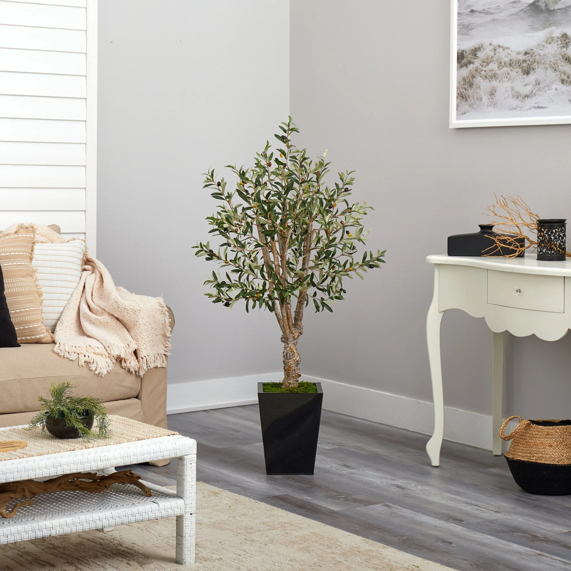 4.5’ Olive Artificial Tree in Black Metal Planter - Image 4
