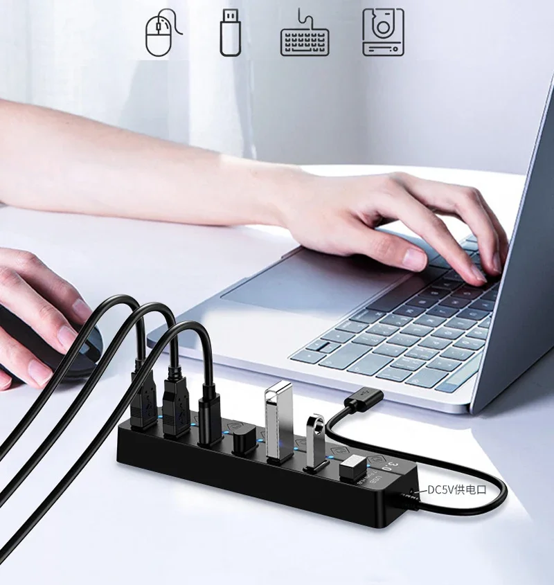 4/7-Port USB 3.0 Hub with LED Indicator Switch for Laptop Flash Drive Hard Disk - Image 3