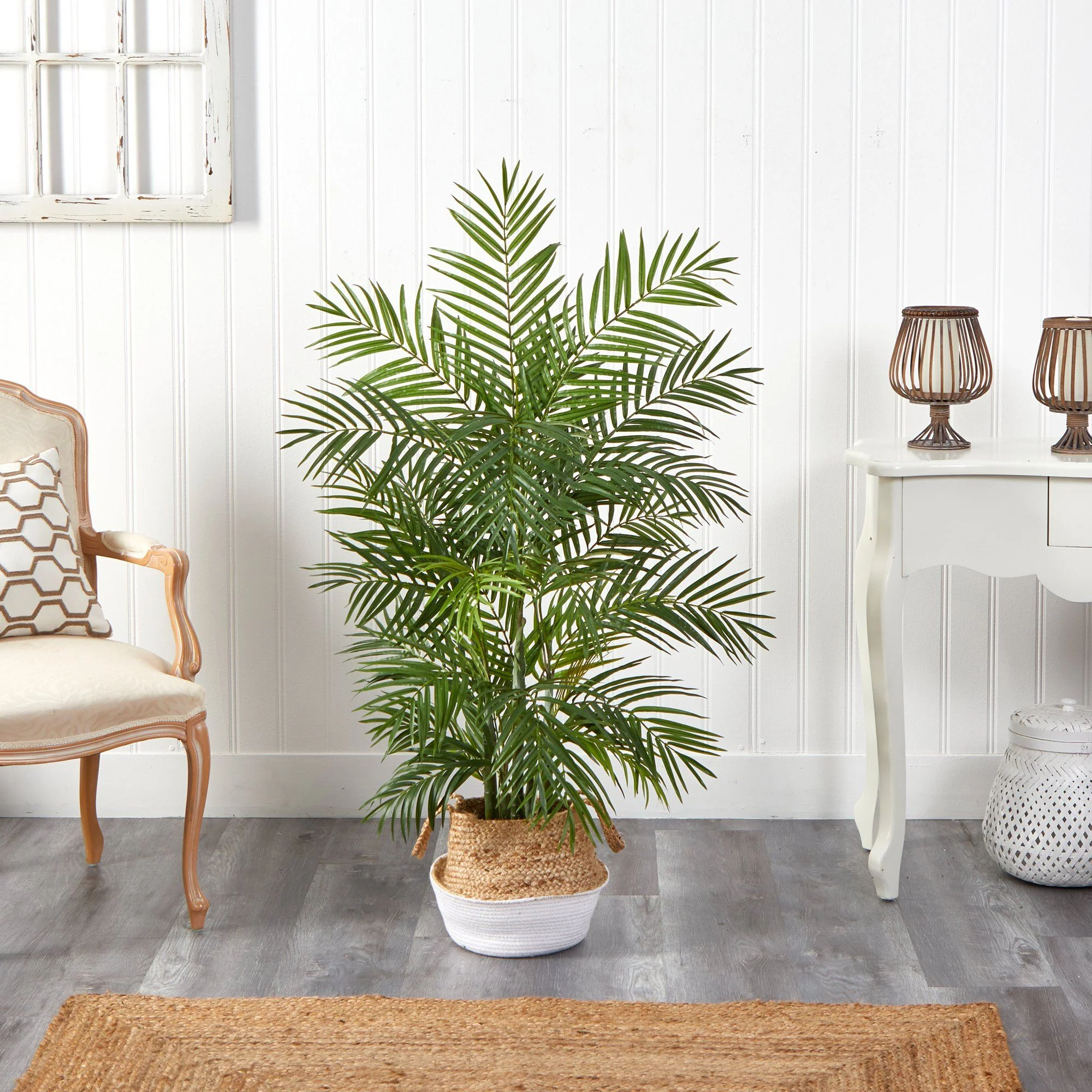 4' Areca Artificial Palm in Boho Chic Handmade Cotton & Jute White Woven Planter - Image 3