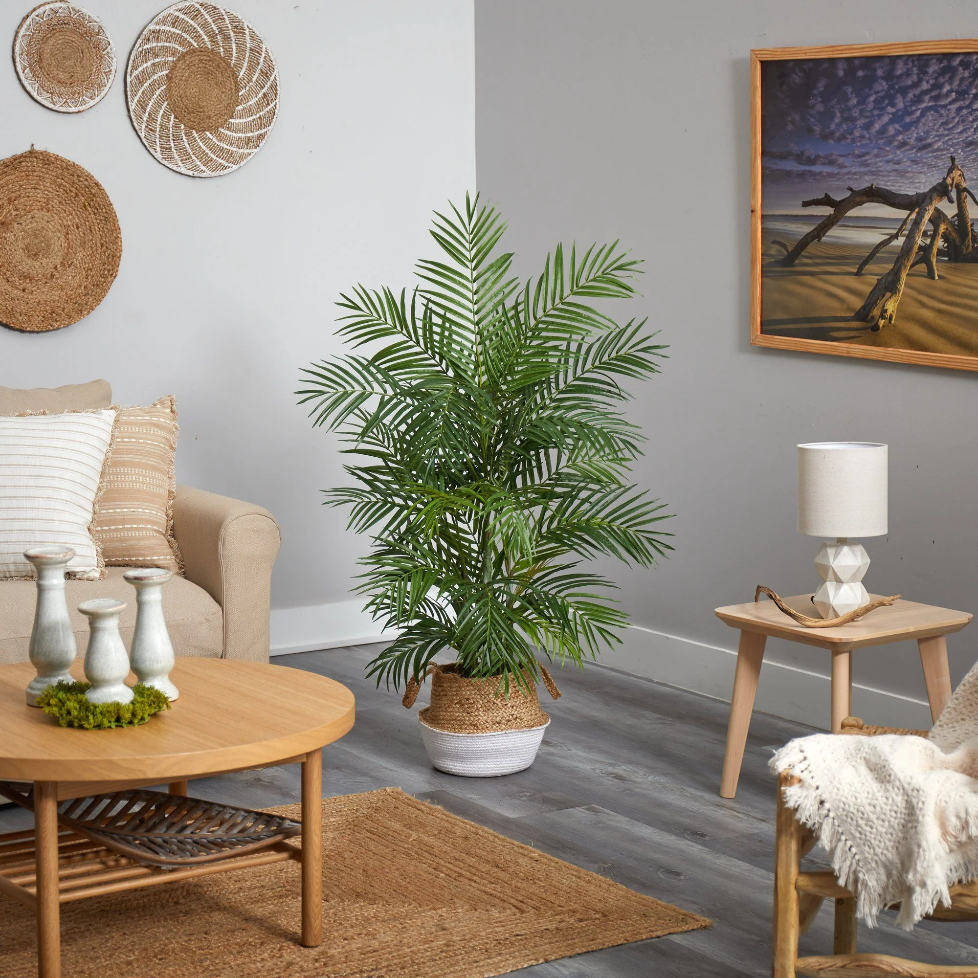 4' Areca Artificial Palm in Boho Chic Handmade Cotton & Jute White Woven Planter - Image 4