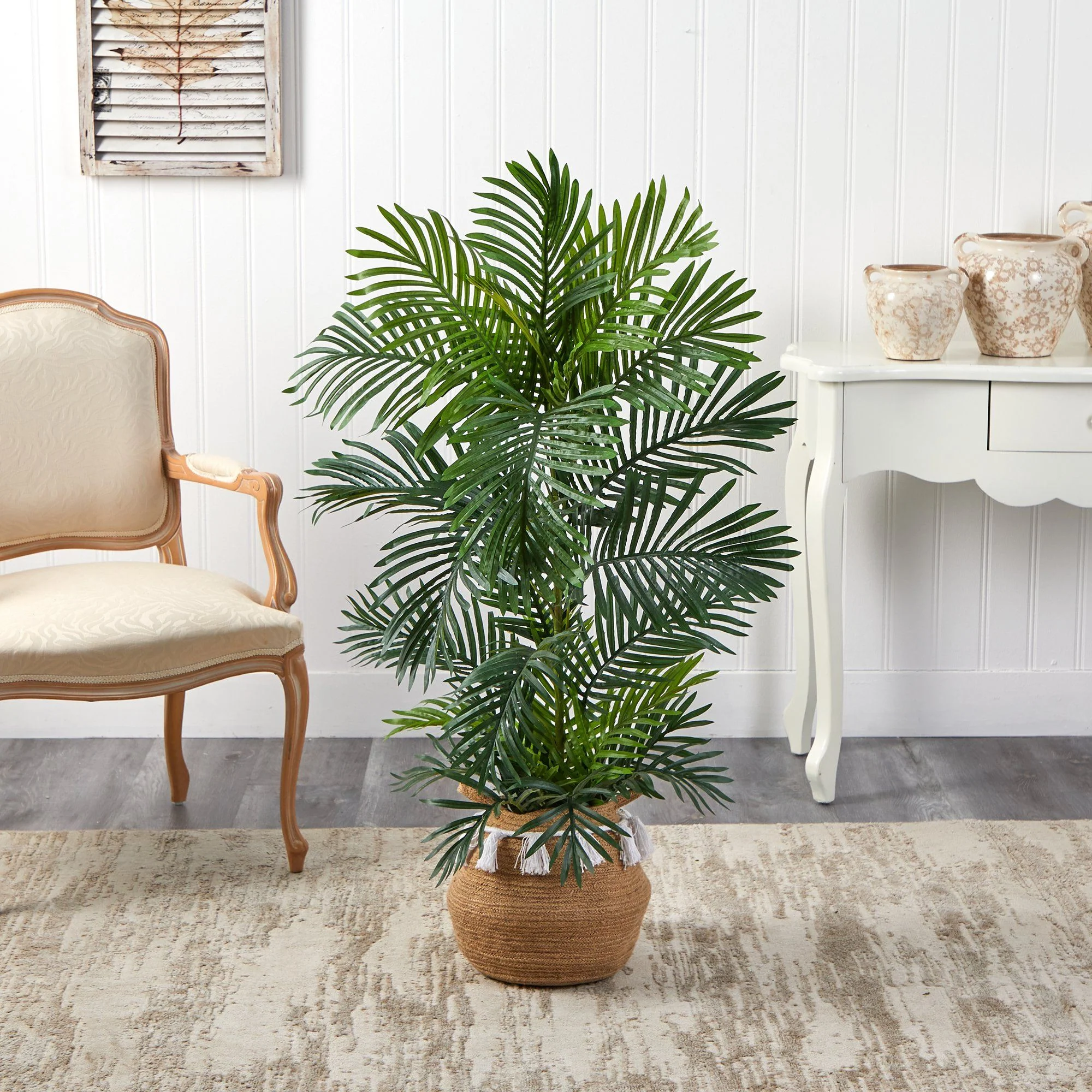 4’ Areca Palm Tree in Boho Chic Handmade Natural Cotton Woven Planter with Tassels UV Resistant - Image 3