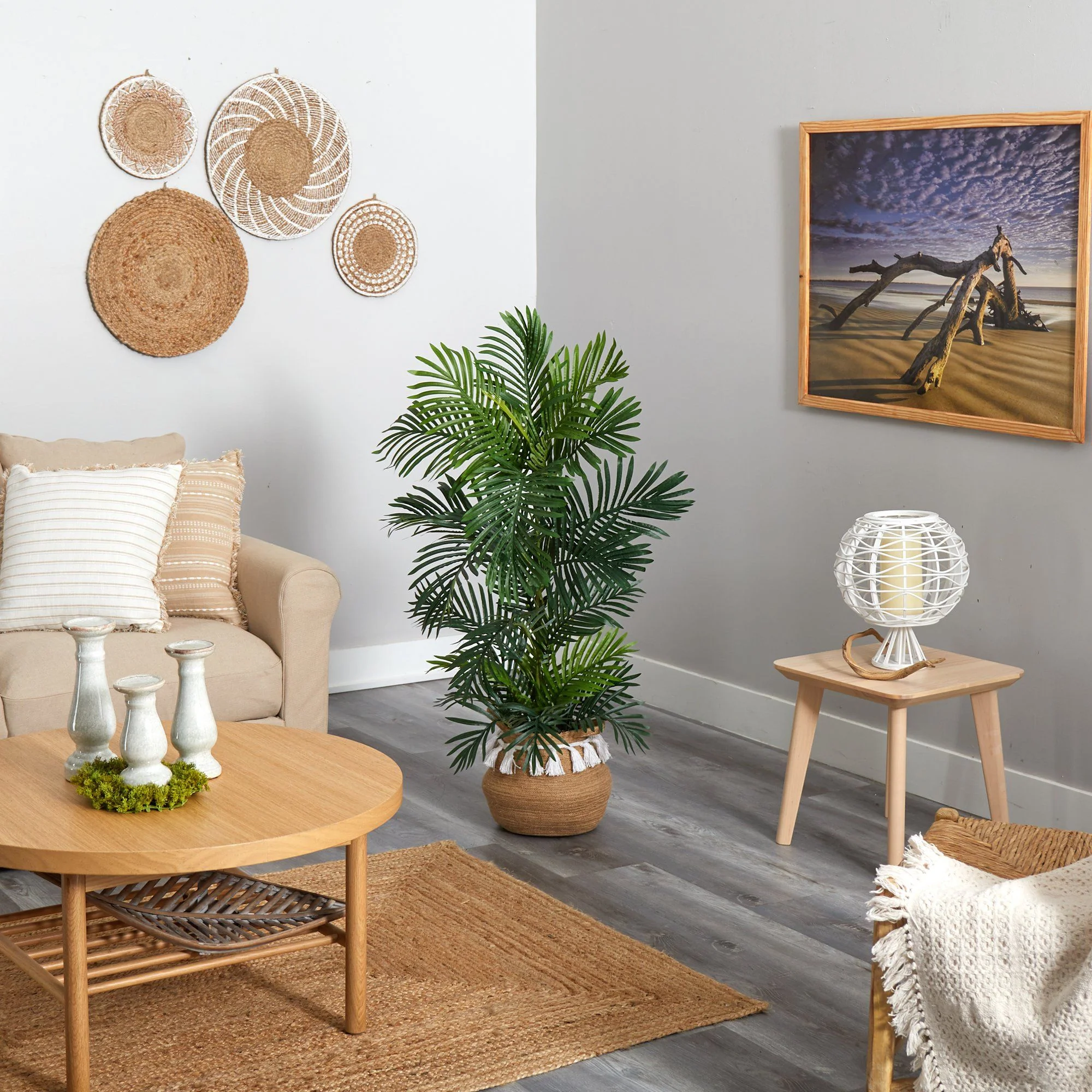 4’ Areca Palm Tree in Boho Chic Handmade Natural Cotton Woven Planter with Tassels UV Resistant - Image 4