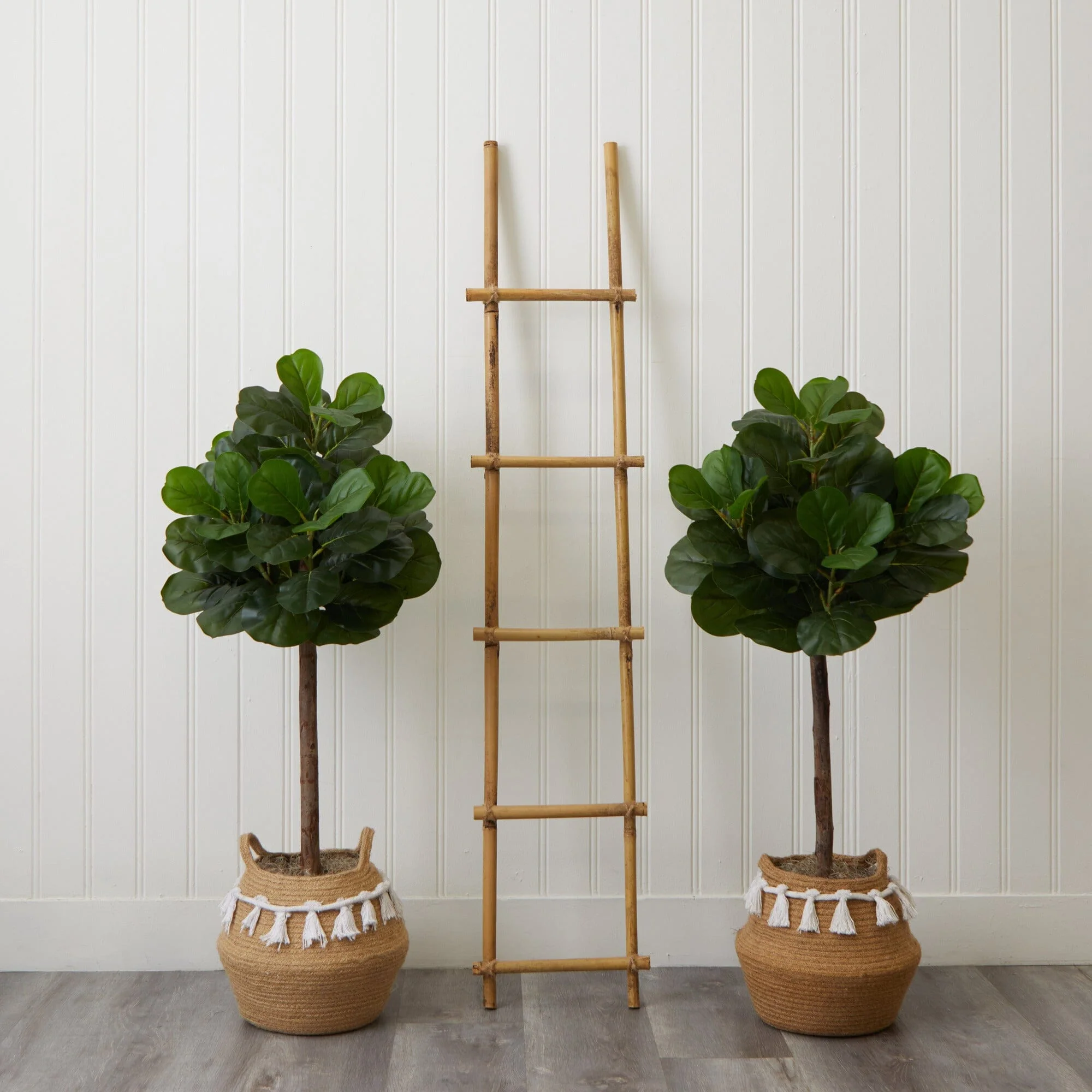 4' Artificial Fiddle Leaf Fig Tree with Handmade Jute & Cotton Basket with Tassels DIY KIT- Set of 2 - Image 2