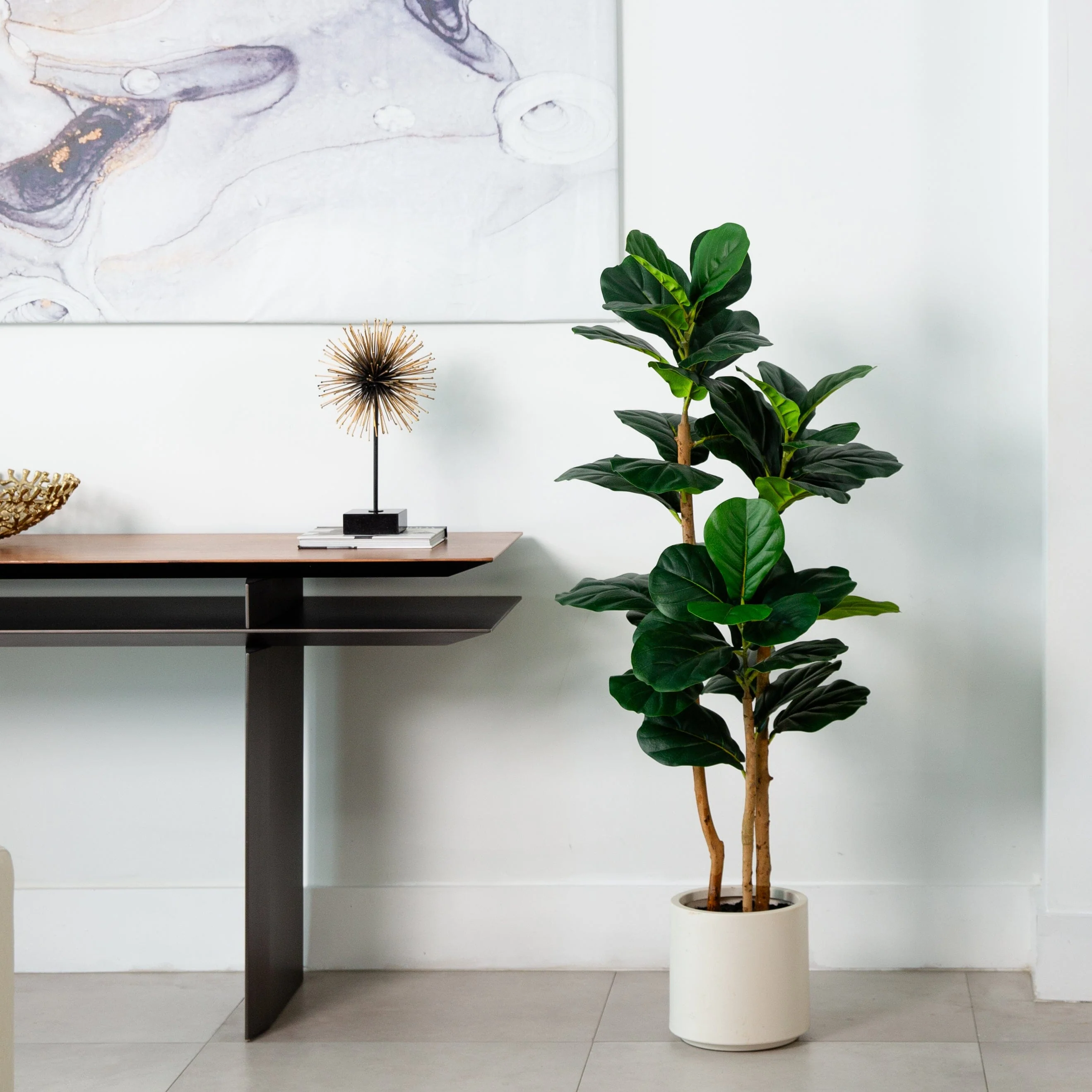 4’ Artificial Fiddle Leaf Tree in Decorative White Planter - Image 3