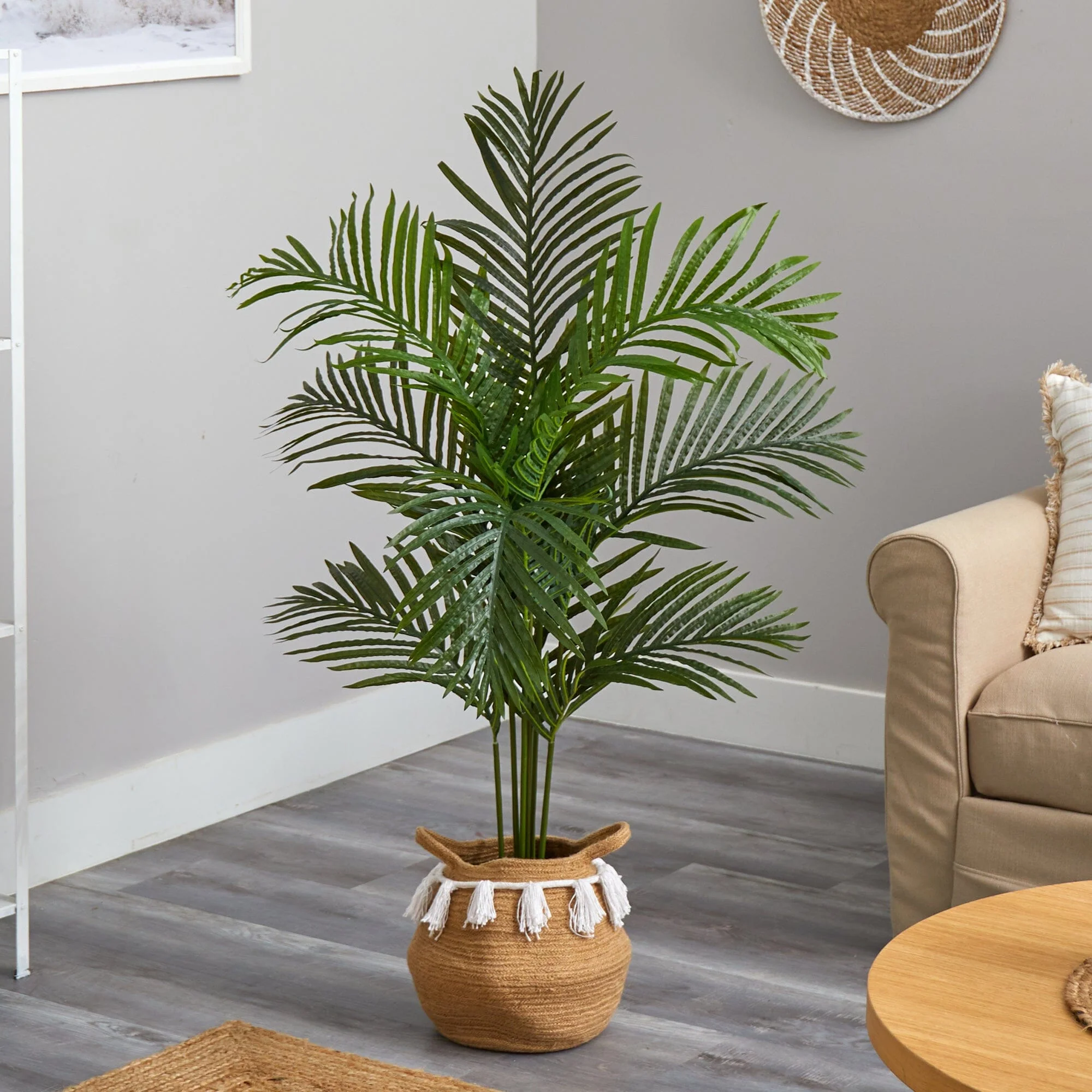 4’ Artificial Paradise Palm Tree with Handmade Jute & Cotton Basket with Tassels - Image 2