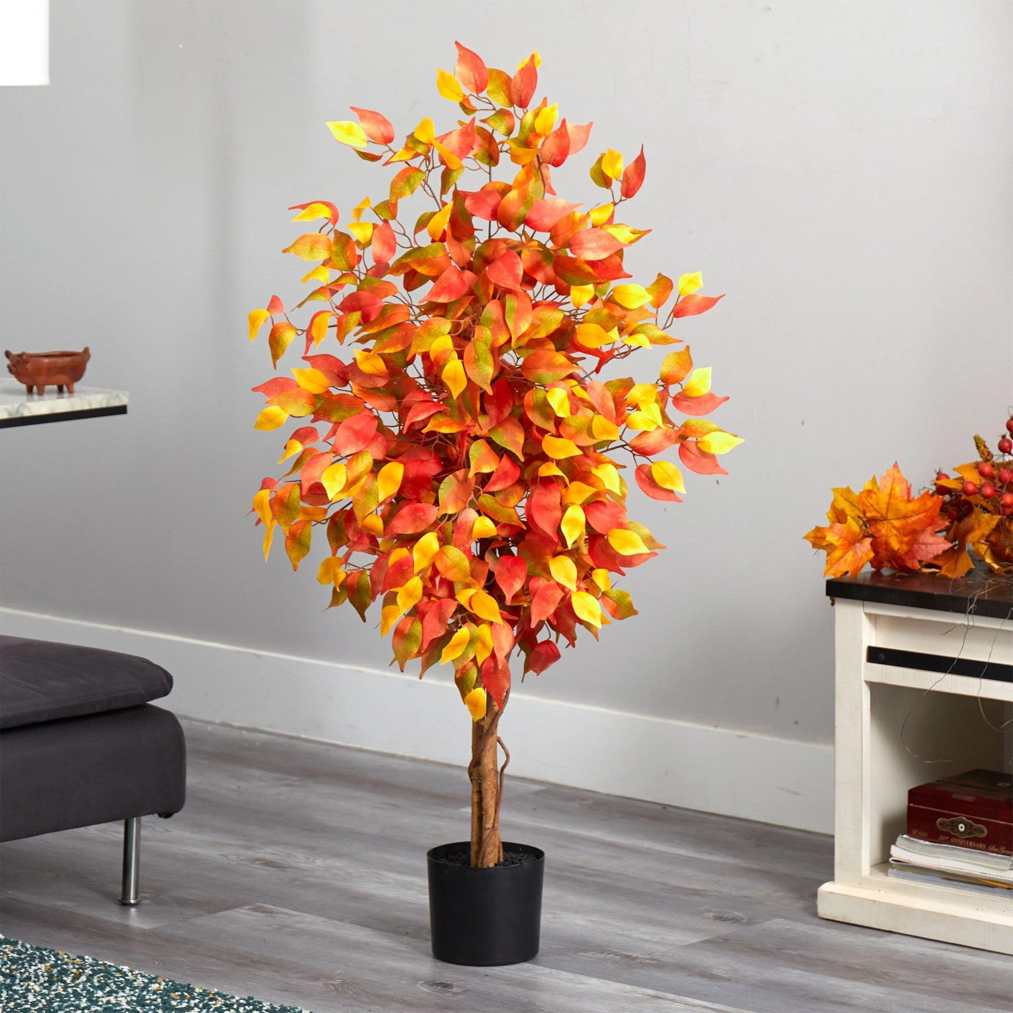4’ Autumn Ficus Artificial Fall Tree - Image 3
