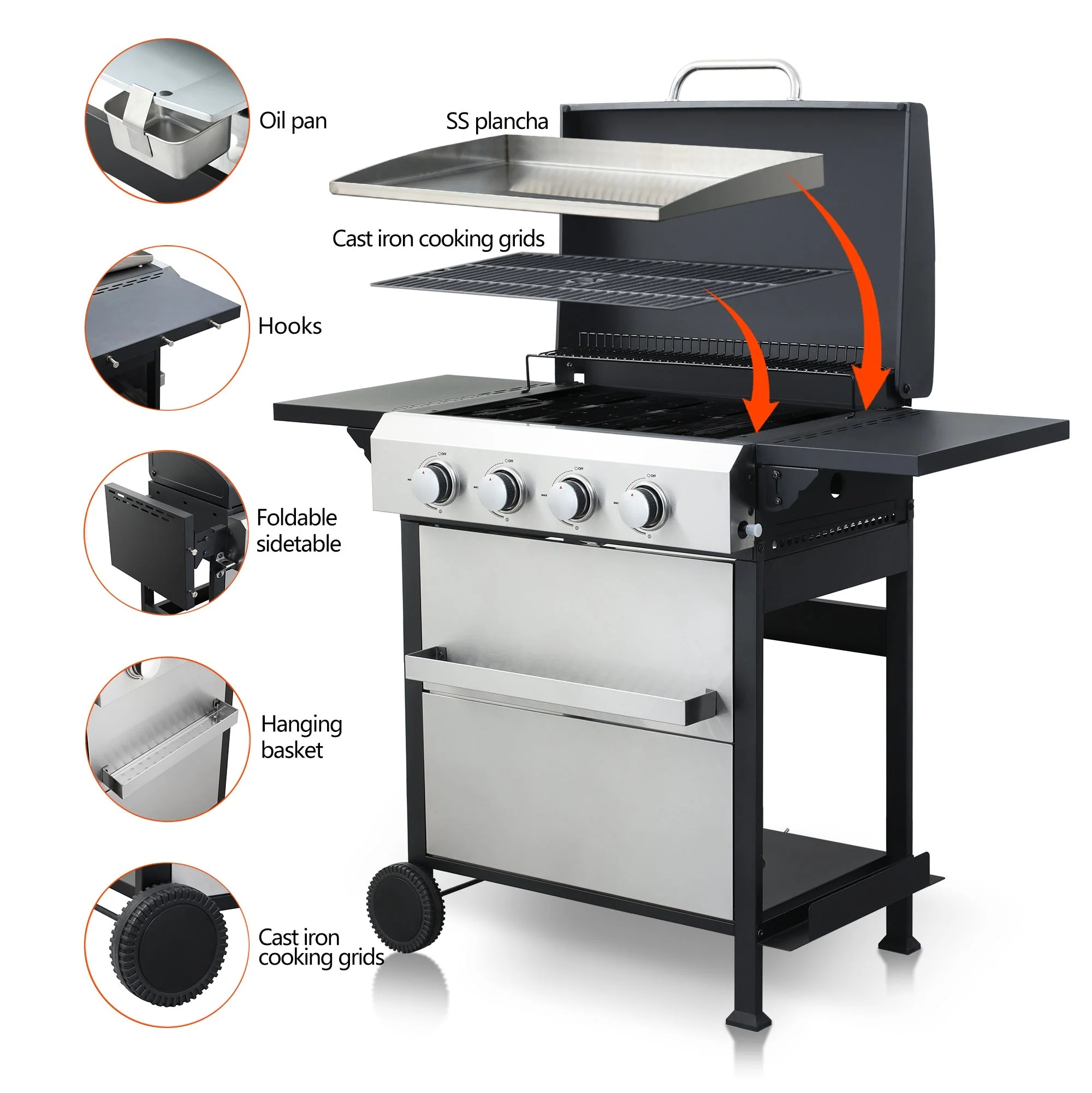 4-Burner Propane Gas BBQ Grill with Stainless Steel Plancha - Image 2