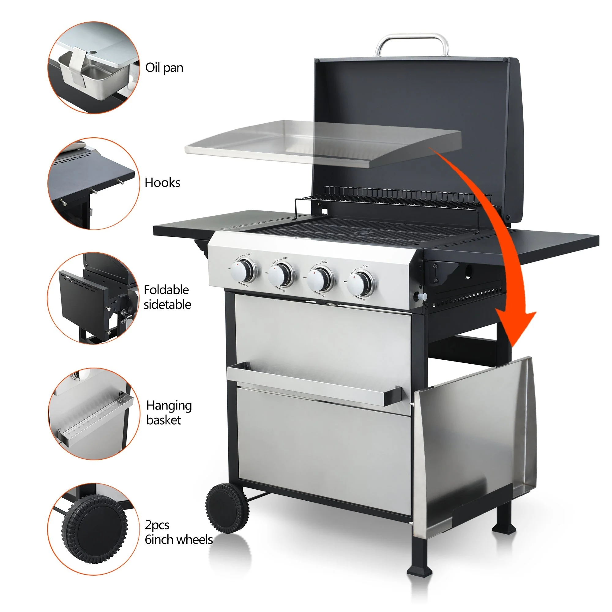 4-Burner Propane Gas BBQ Grill with Stainless Steel Plancha - Image 3