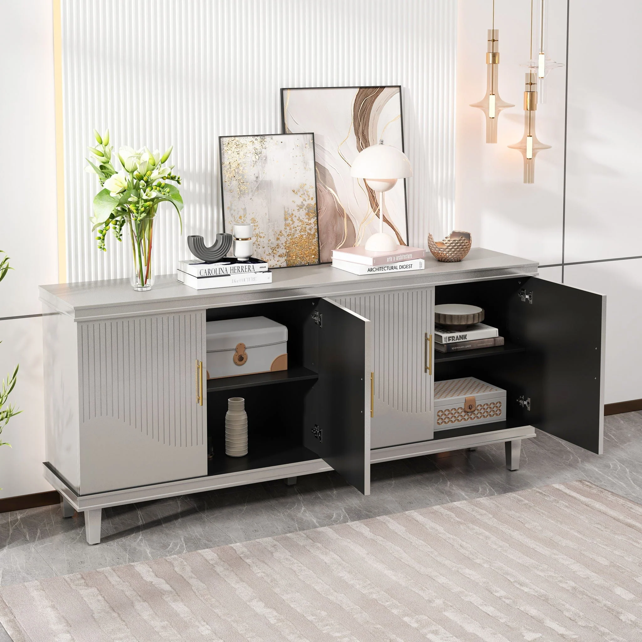 4 Door Cabinet With Adjustable Shelves, Large Storage For Living Room - Champagne - Image 2