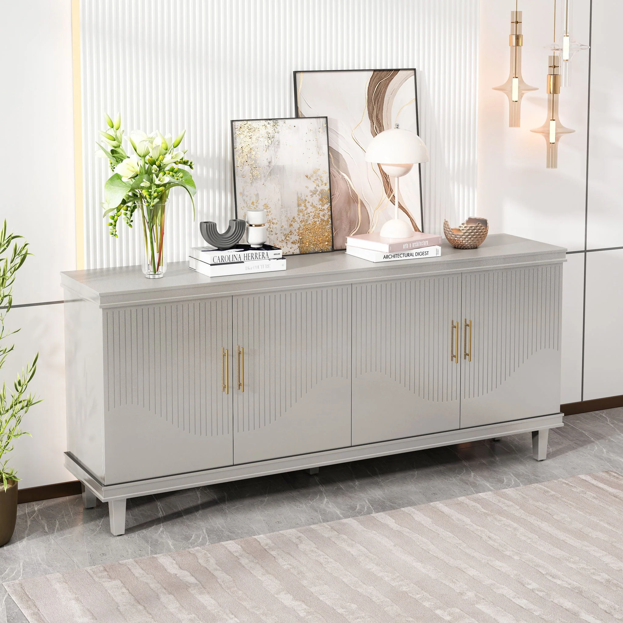4 Door Cabinet With Adjustable Shelves, Large Storage For Living Room - Champagne - Image 3
