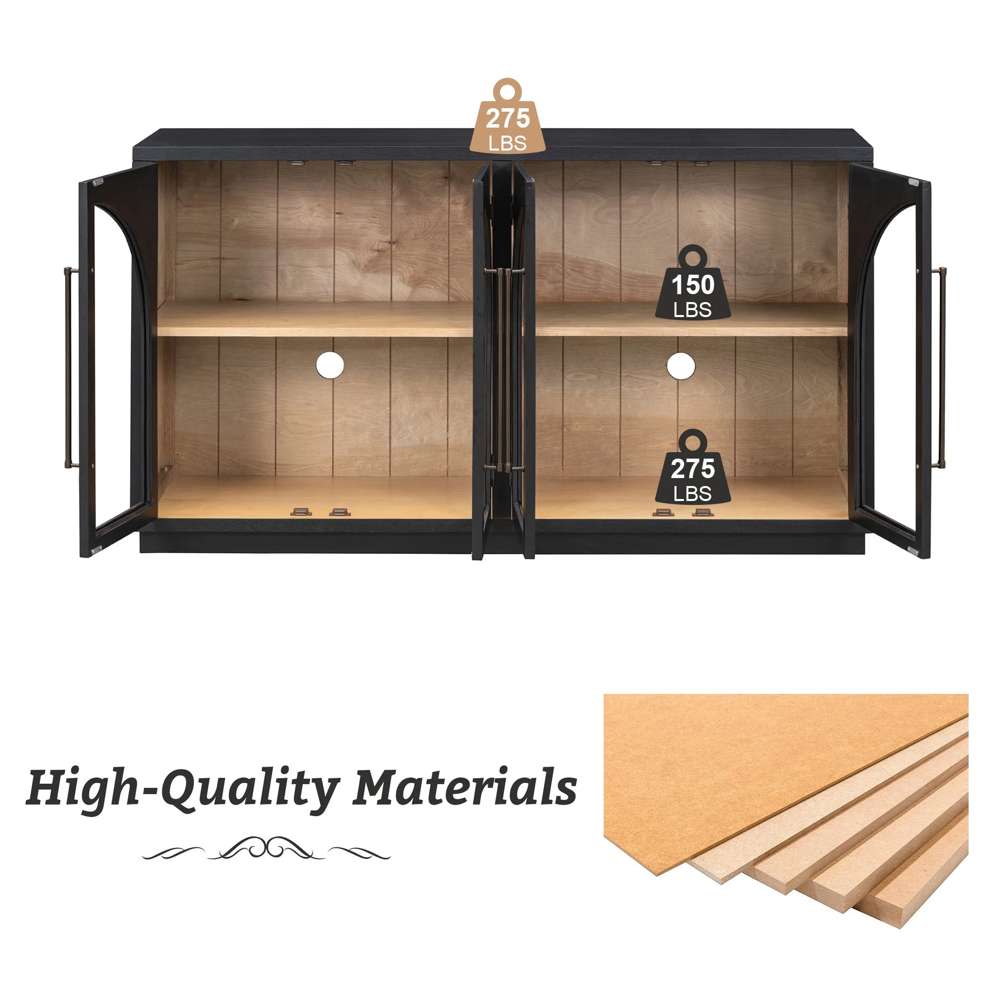 4-Door Large Storage Sideboard Buffet Cabinet with Glass Doors (Black) - Image 10