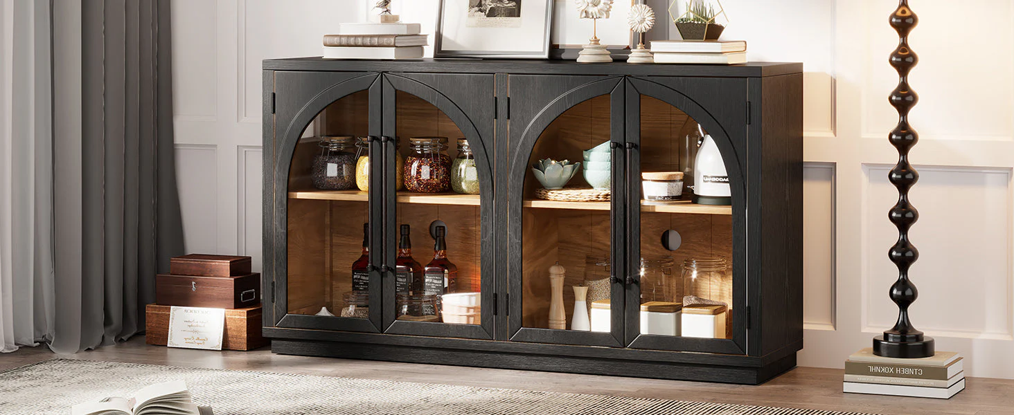 4-Door Large Storage Sideboard Buffet Cabinet with Glass Doors (Black) - Image 27