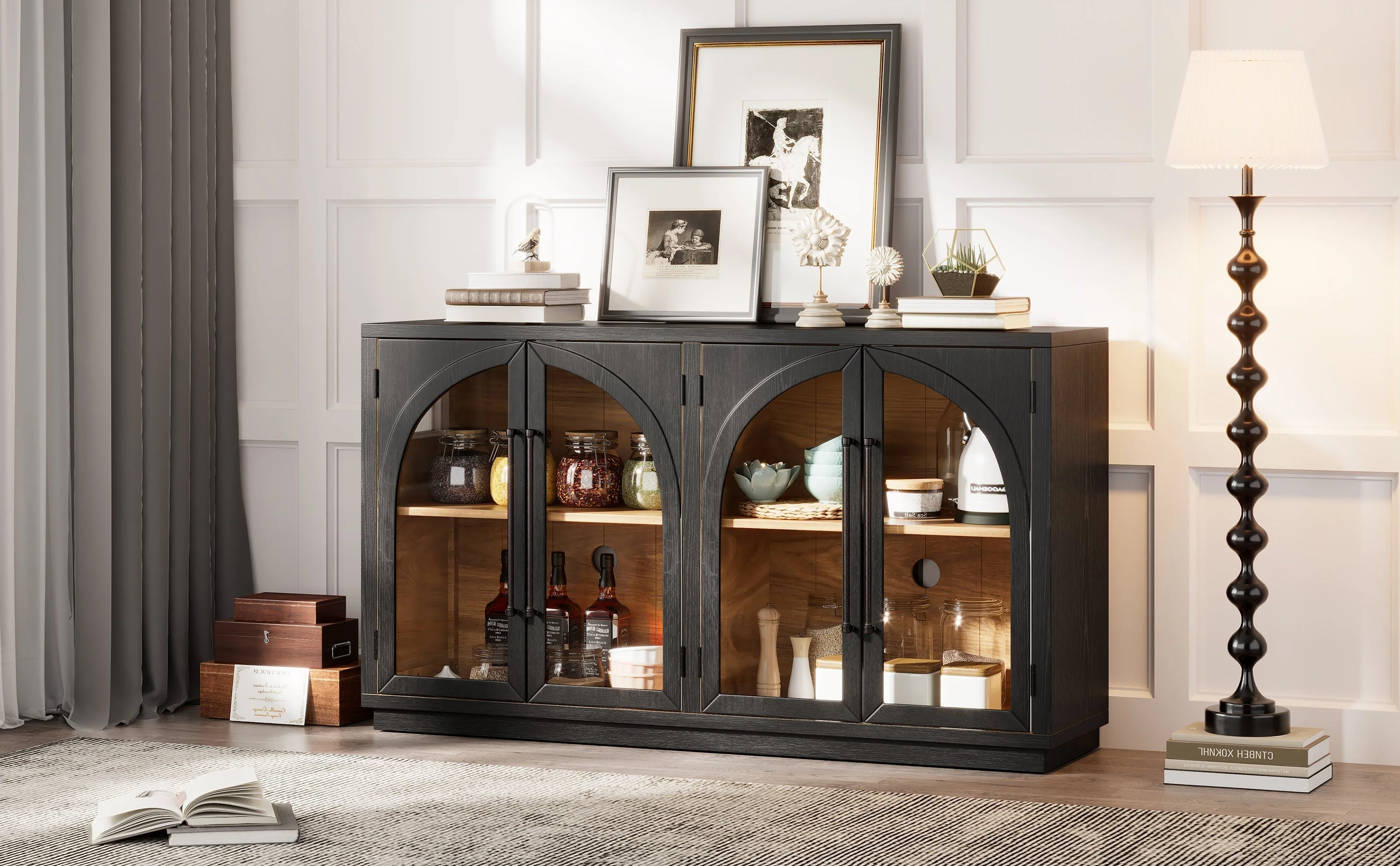 4-Door Large Storage Sideboard Buffet Cabinet with Glass Doors (Black) - Image 28