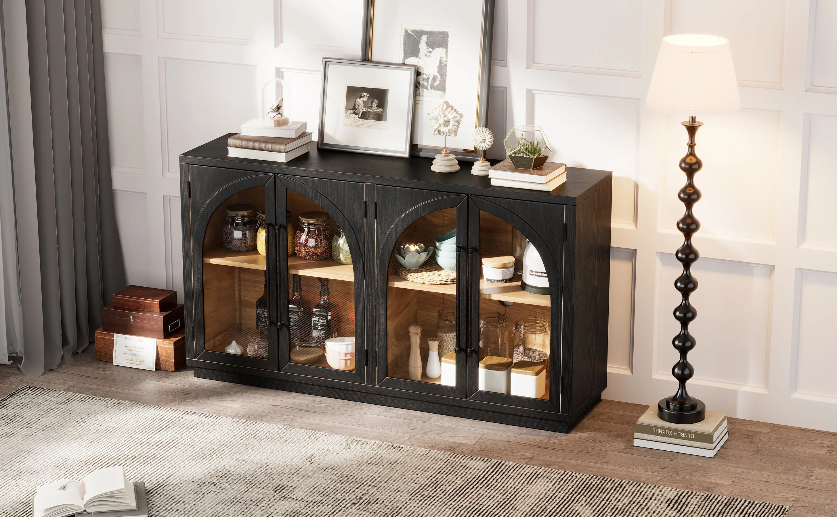 4-Door Large Storage Sideboard Buffet Cabinet with Glass Doors (Black) - Image 29