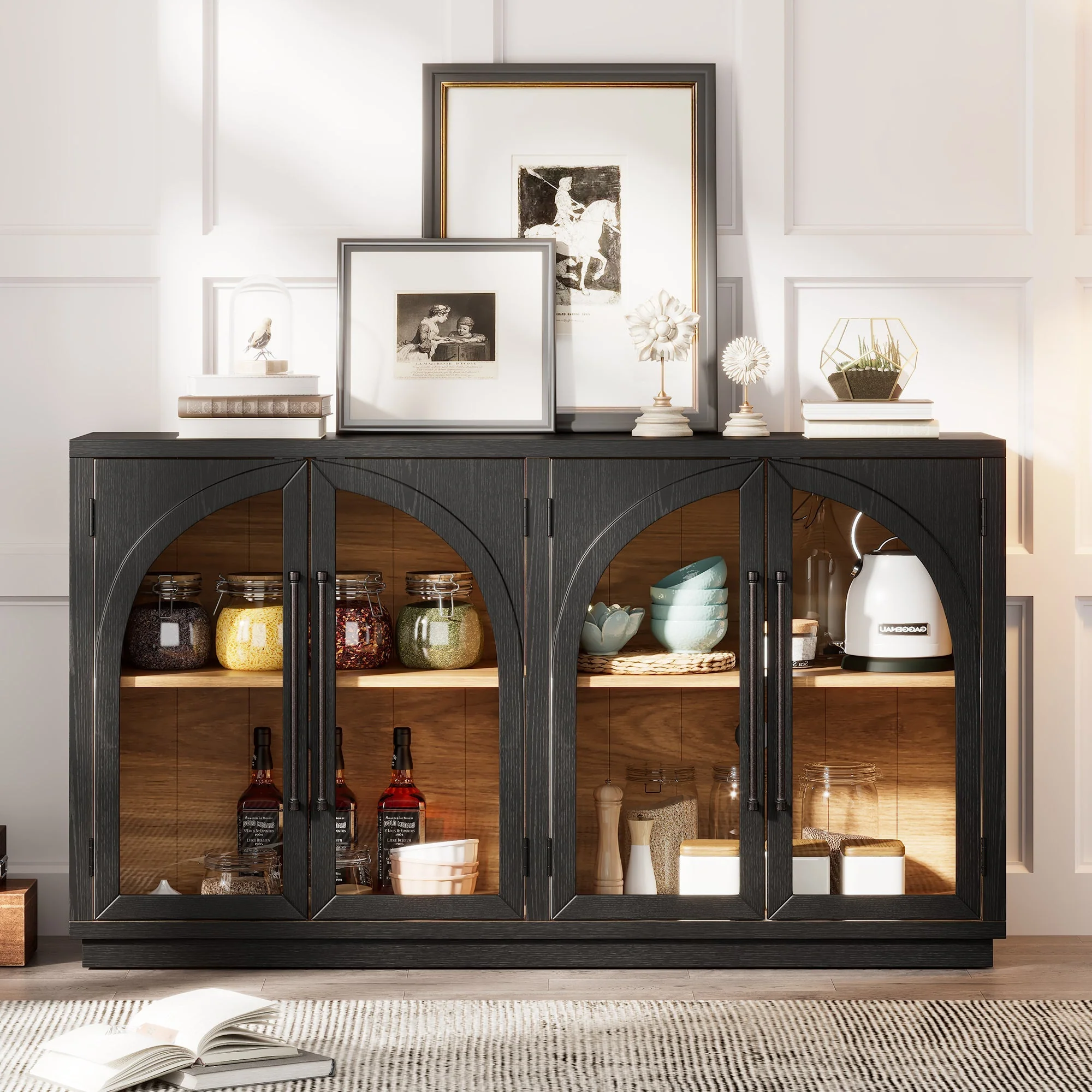 4-Door Large Storage Sideboard Buffet Cabinet with Glass Doors (Black) - Image 3