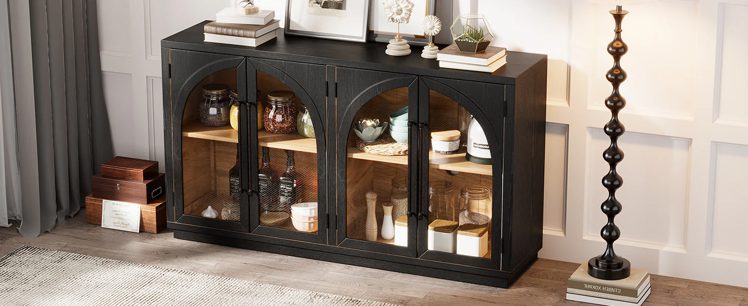 4-Door Large Storage Sideboard Buffet Cabinet with Glass Doors (Black) - Image 30
