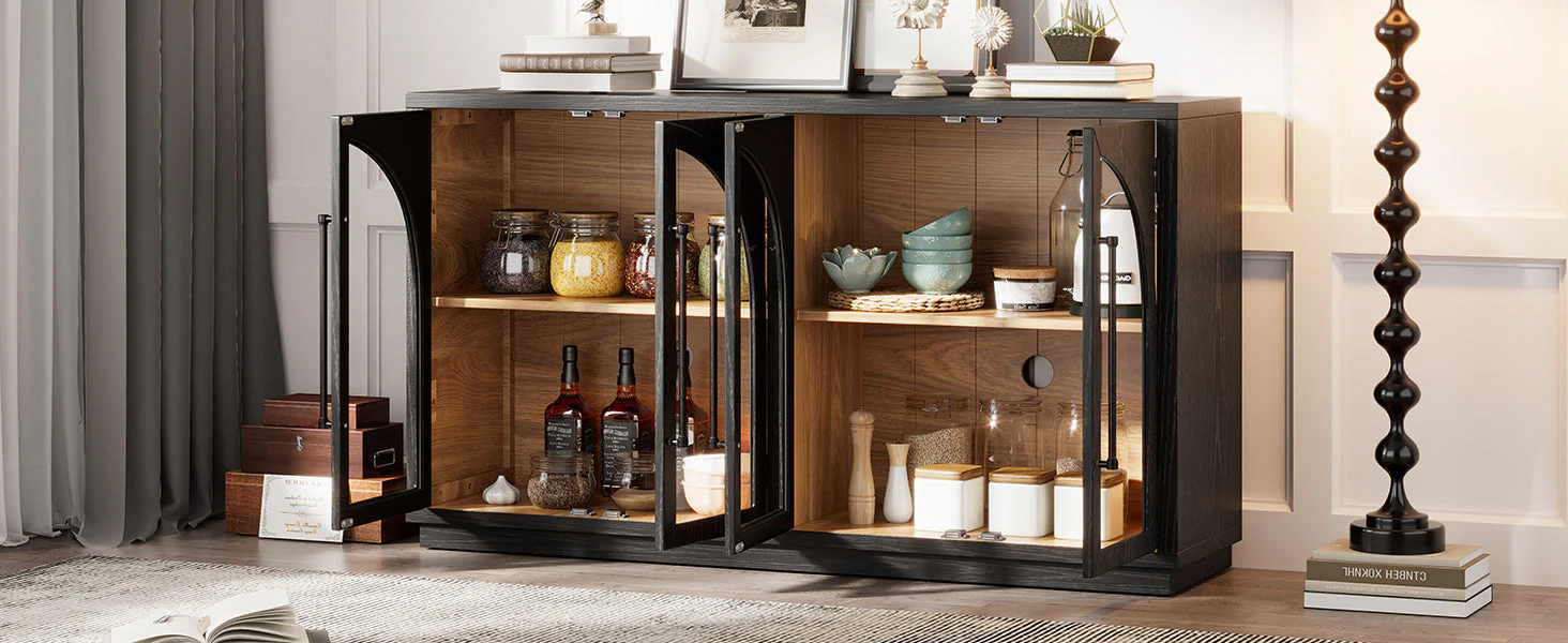 4-Door Large Storage Sideboard Buffet Cabinet with Glass Doors (Black) - Image 31