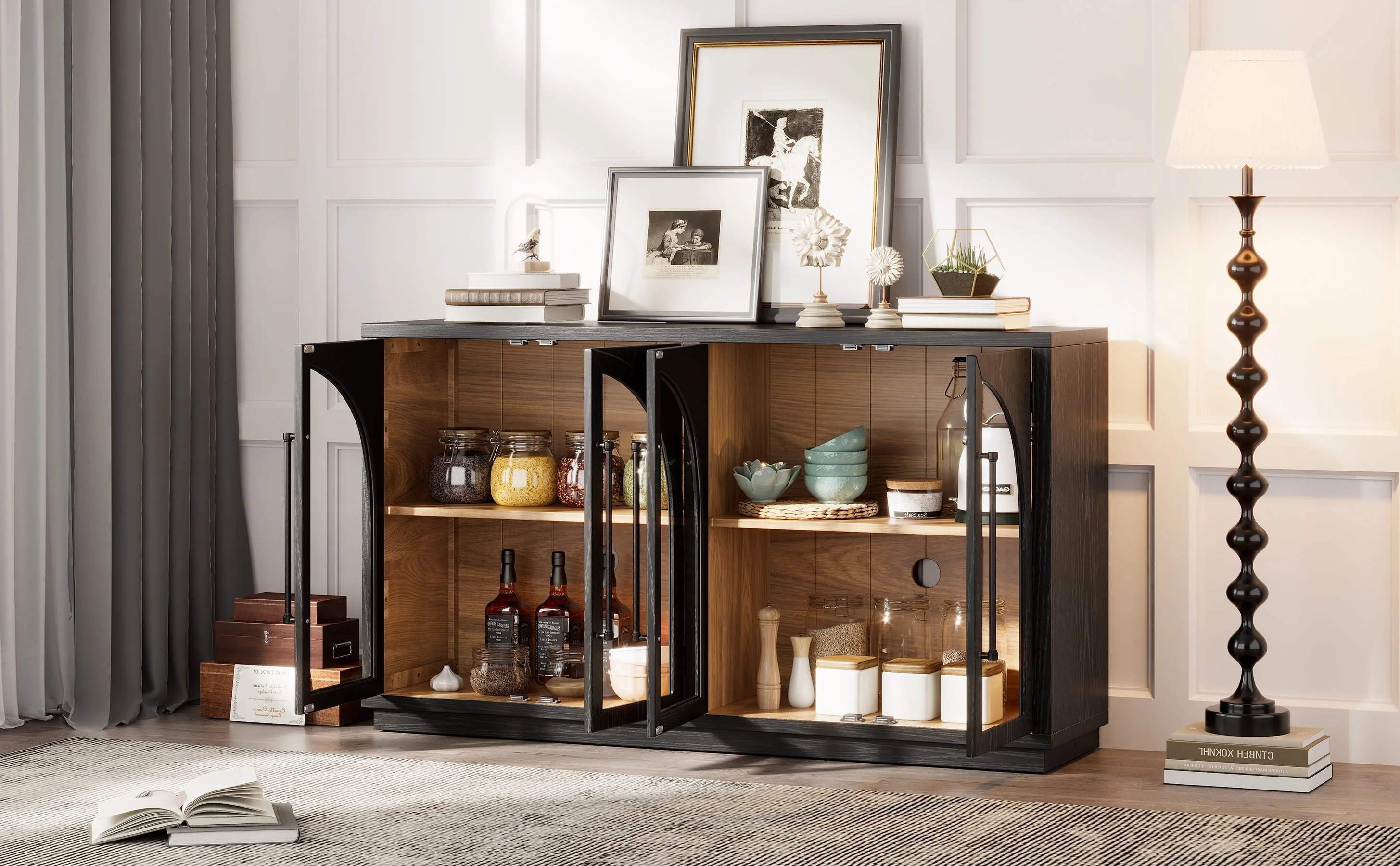 4-Door Large Storage Sideboard Buffet Cabinet with Glass Doors (Black) - Image 32