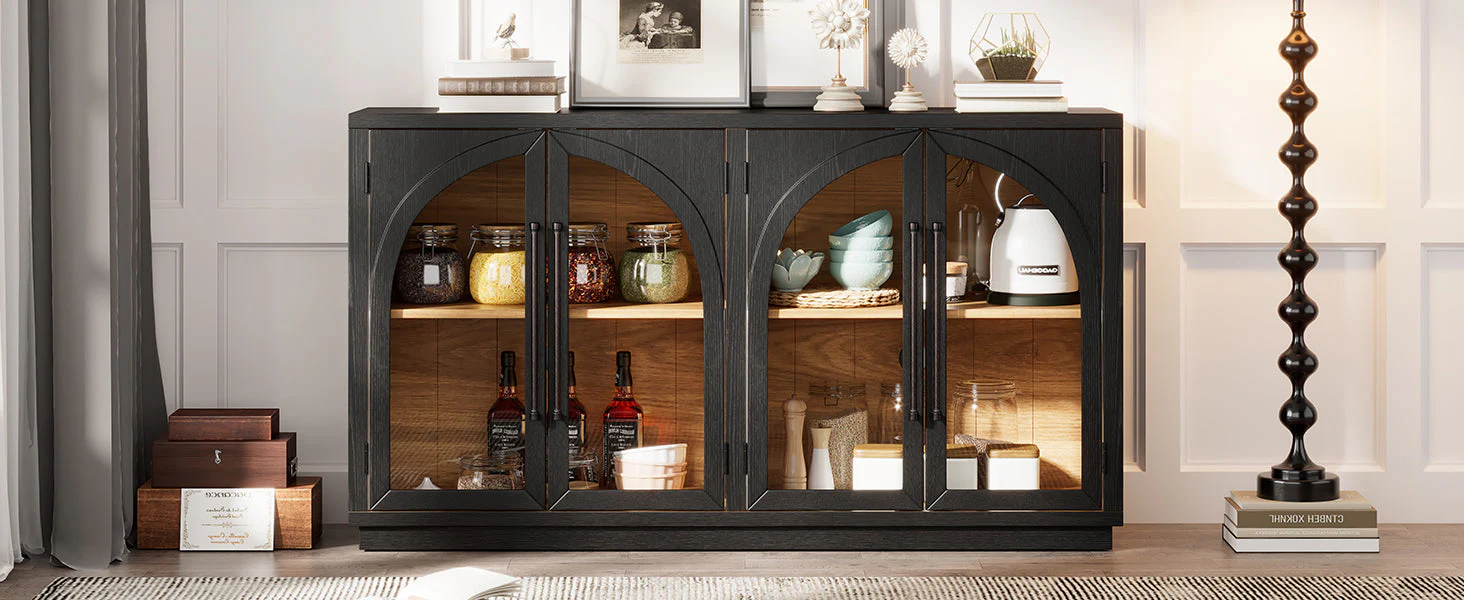 4-Door Large Storage Sideboard Buffet Cabinet with Glass Doors (Black) - Image 33