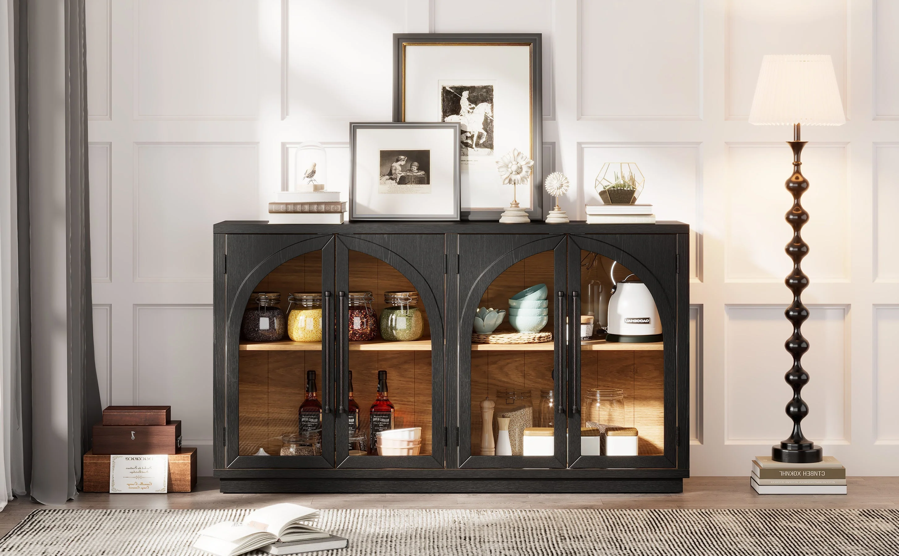 4-Door Large Storage Sideboard Buffet Cabinet with Glass Doors (Black) - Image 34