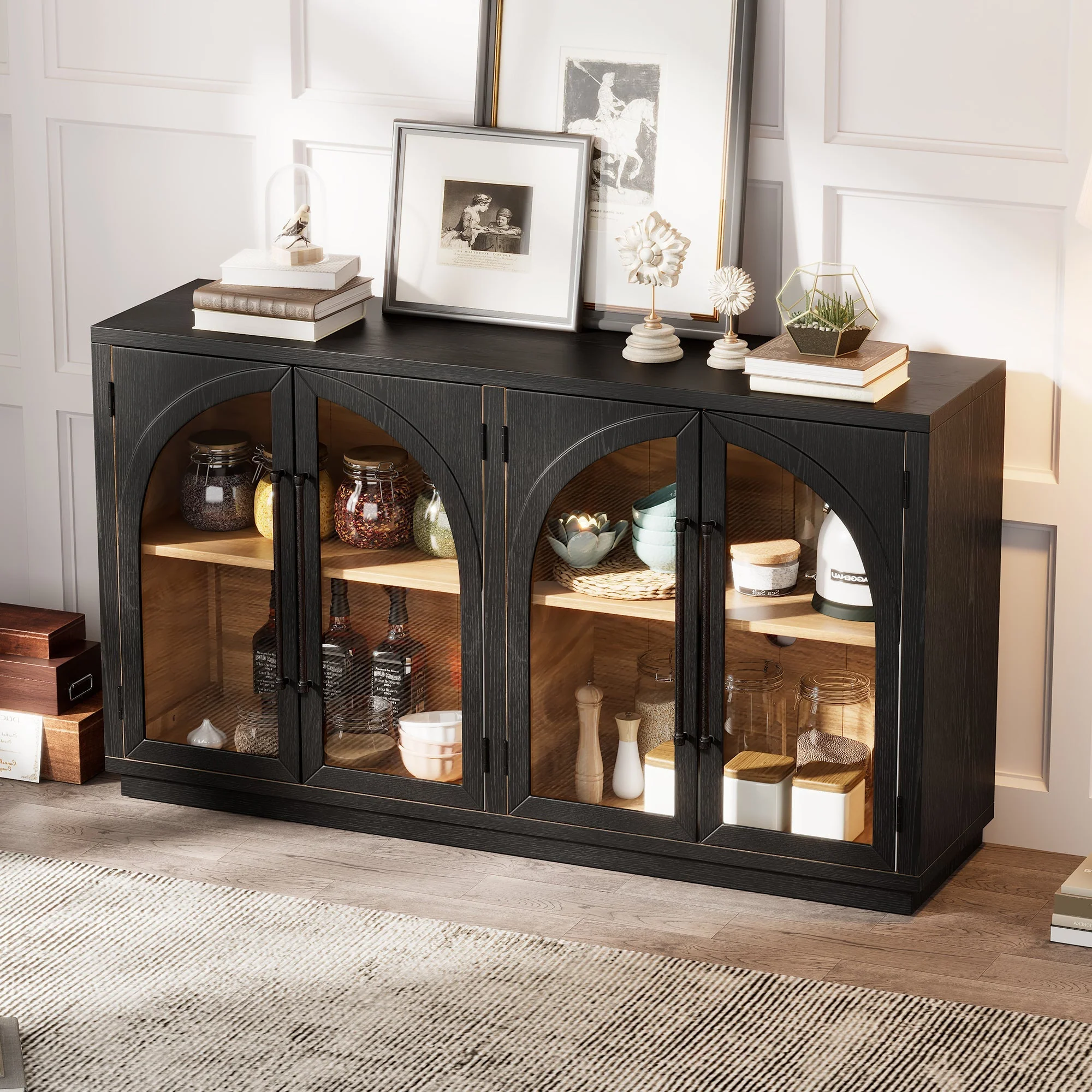 4-Door Large Storage Sideboard Buffet Cabinet with Glass Doors (Black) - Image 4
