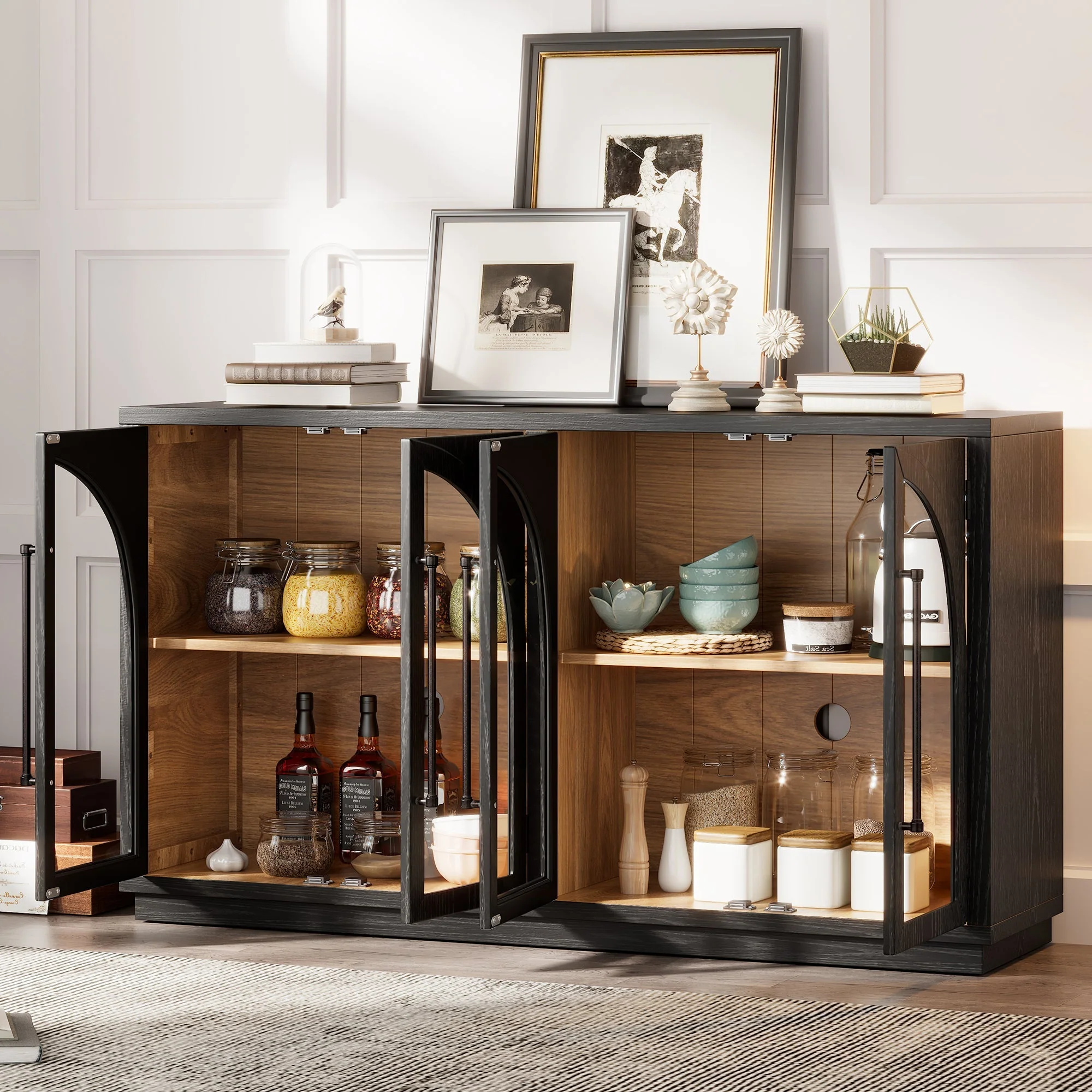 4-Door Large Storage Sideboard Buffet Cabinet with Glass Doors (Black) - Image 5