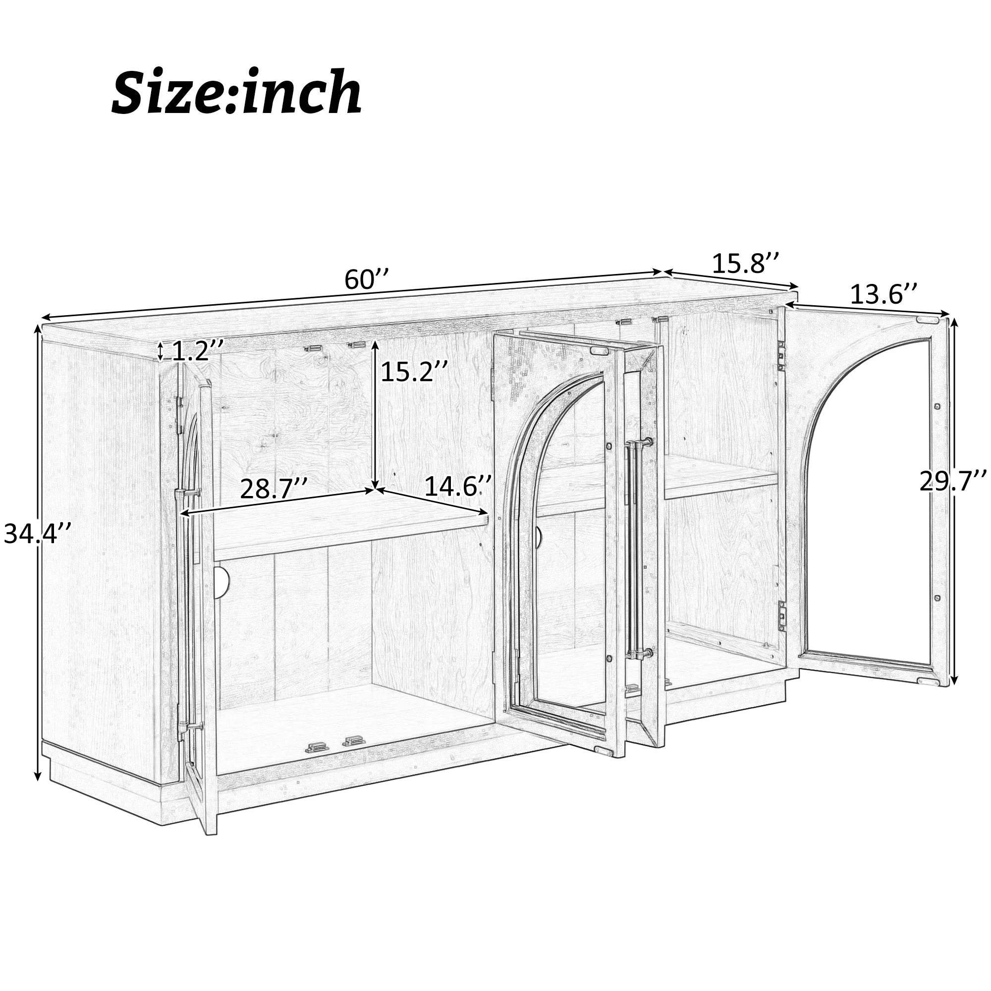 4-Door Large Storage Sideboard Buffet Cabinet with Glass Doors (Black) - Image 6