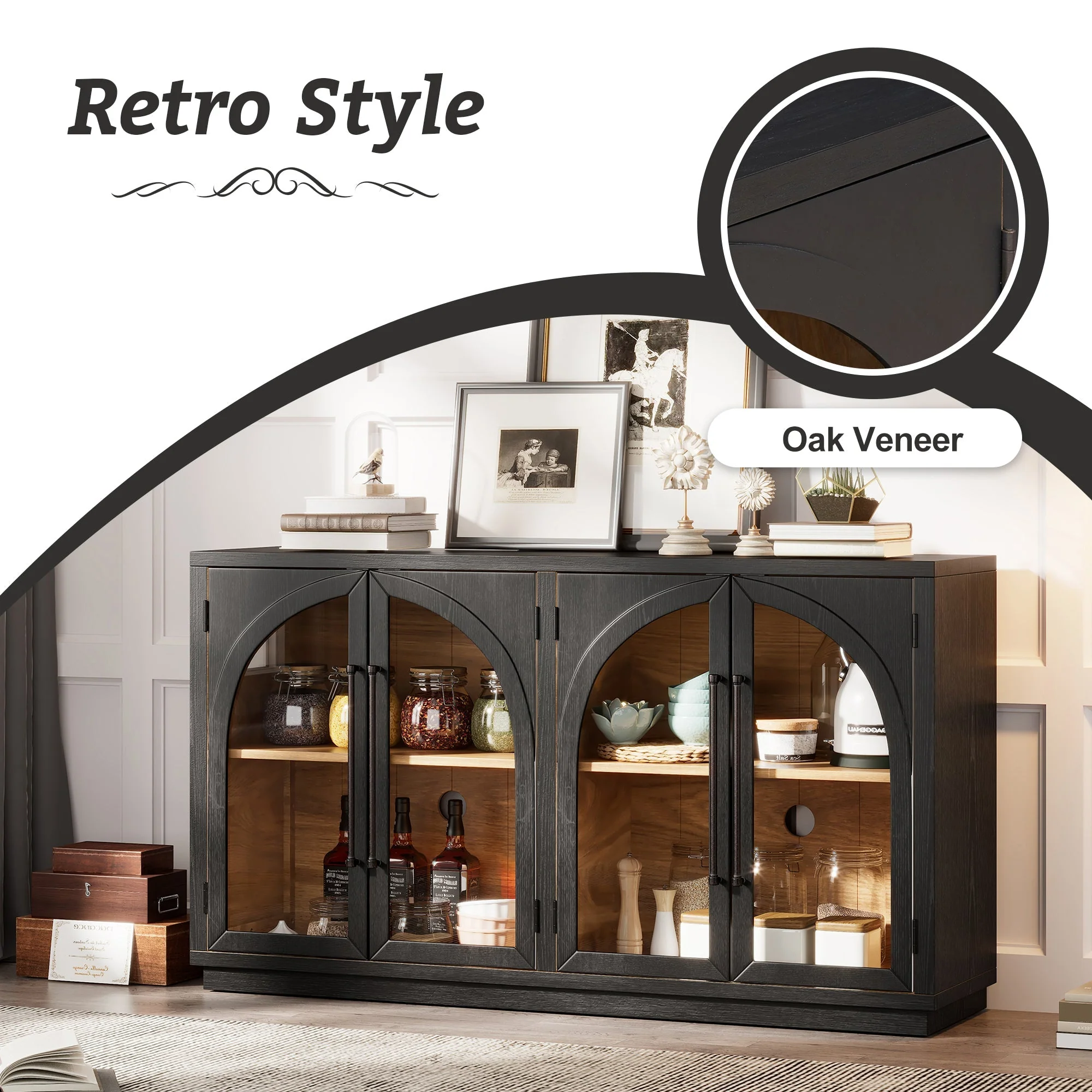 4-Door Large Storage Sideboard Buffet Cabinet with Glass Doors (Black) - Image 7