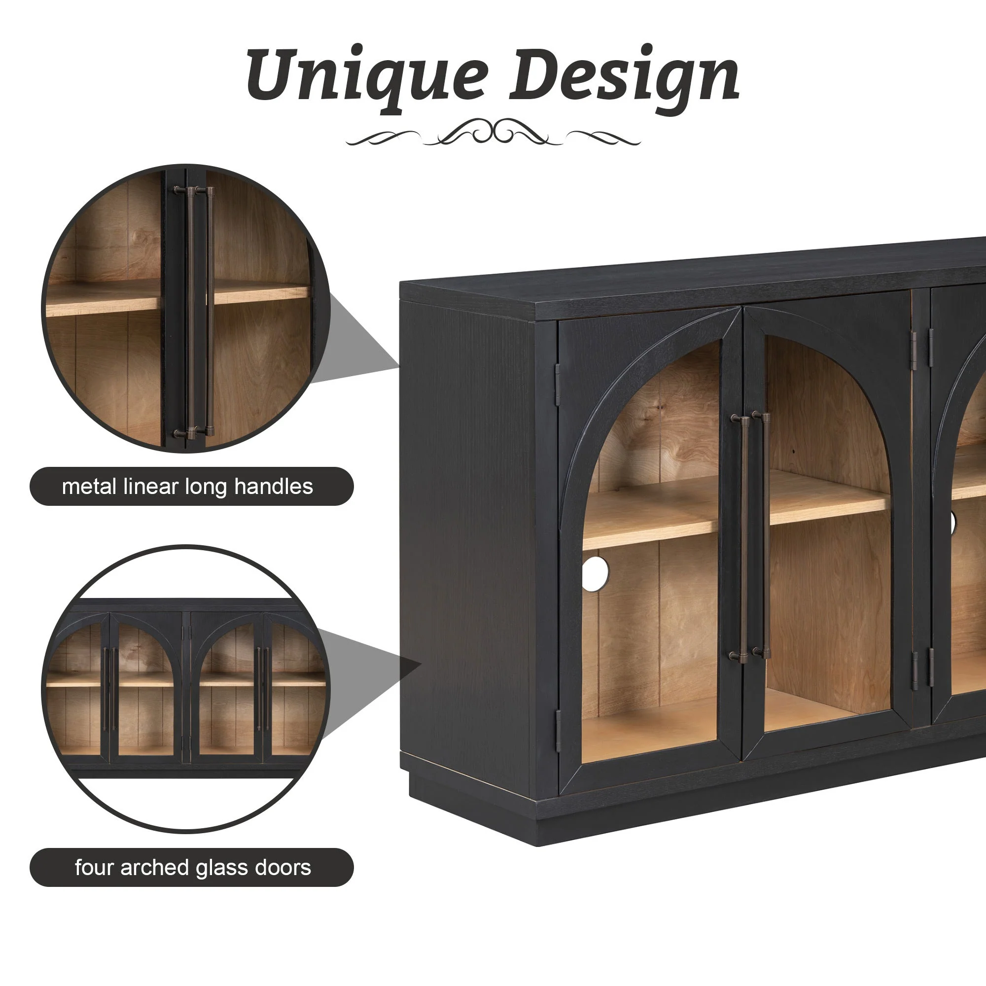 4-Door Large Storage Sideboard Buffet Cabinet with Glass Doors (Black) - Image 8
