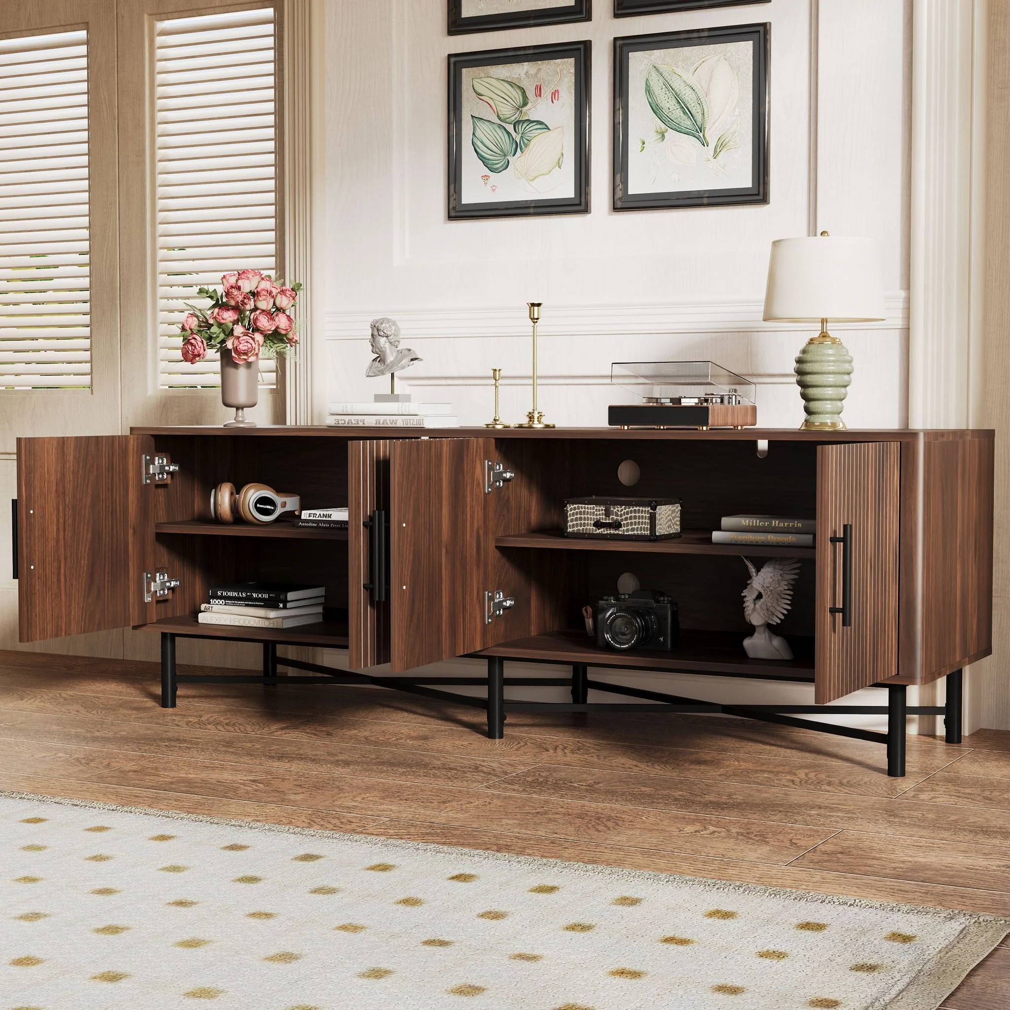 4 Door TV Cabinet, 2 Storage Spaces, Adjustable Shelves - Image 4