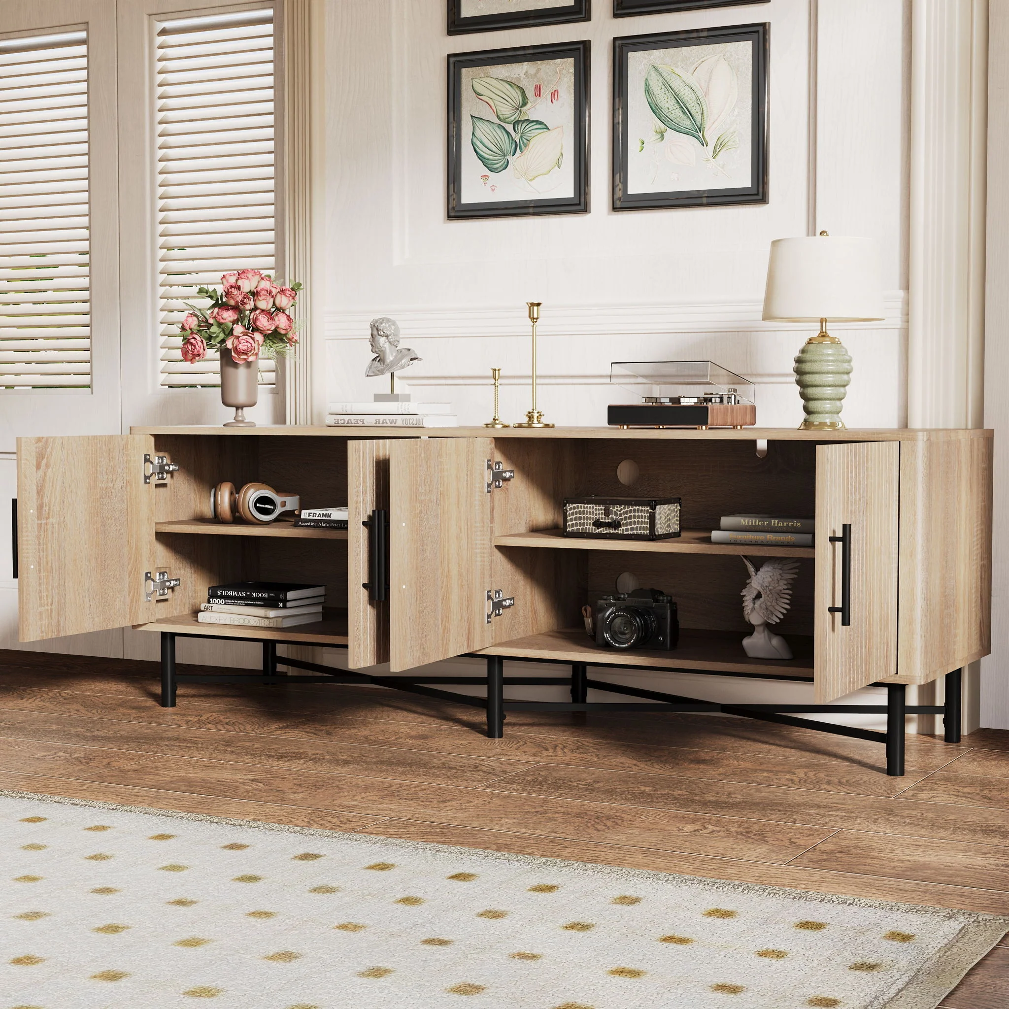 4 Door TV Cabinet, 2 Storage Spaces, Adjustable Shelves - Image 7